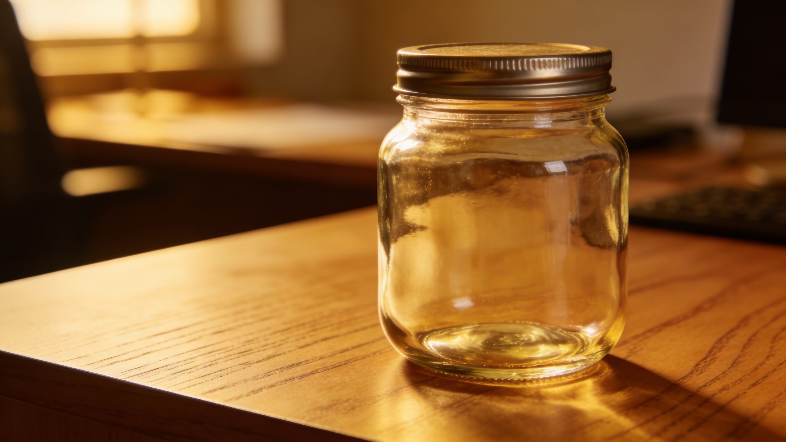 closeup of a single labeled savings jar on a wooden desk