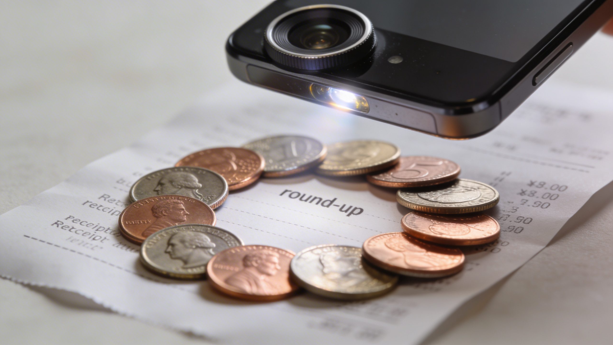 closeup of coin round-up being scanned on a receipt