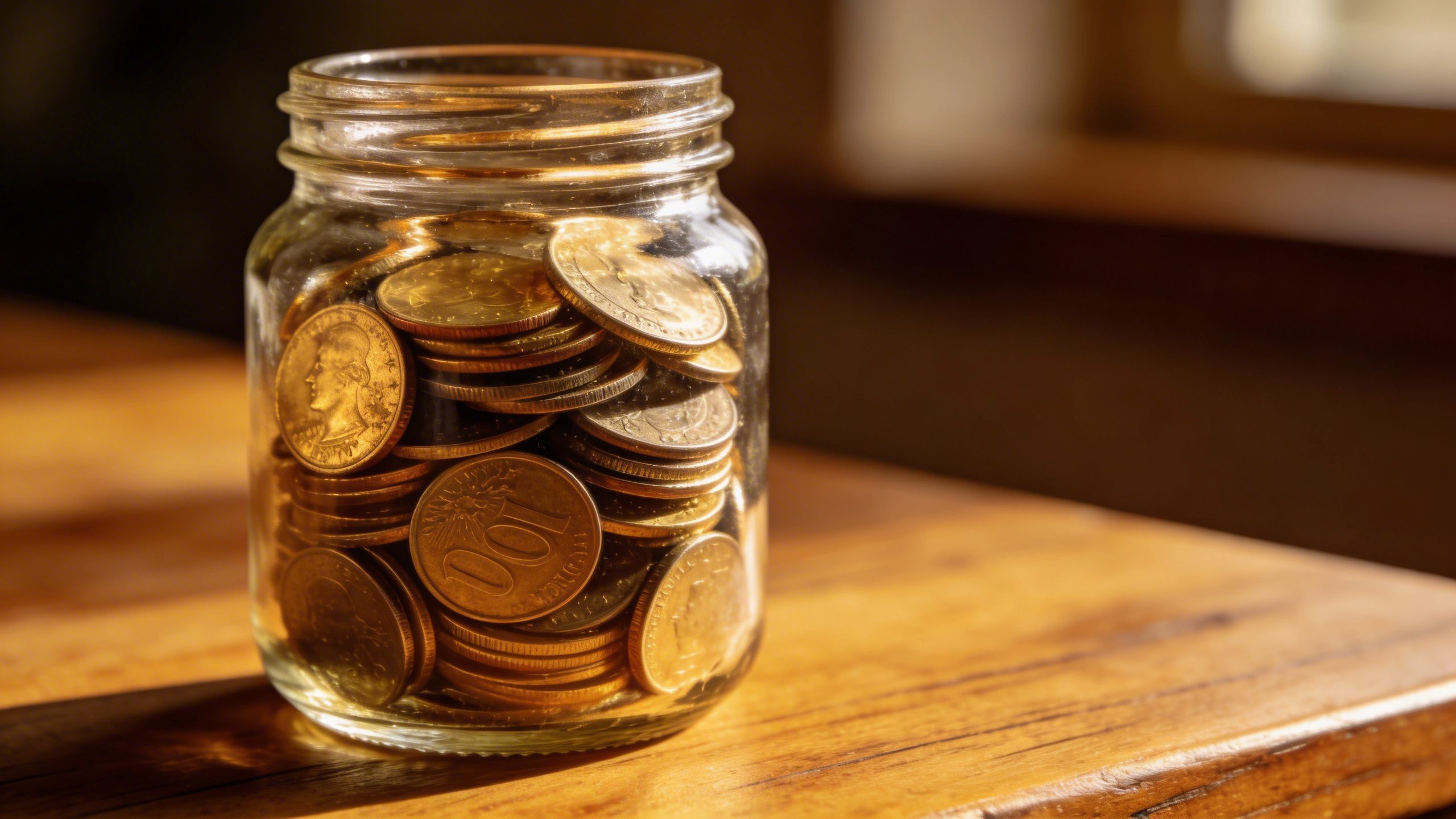 closeup of a glass jar filling with coins on a wooden counter