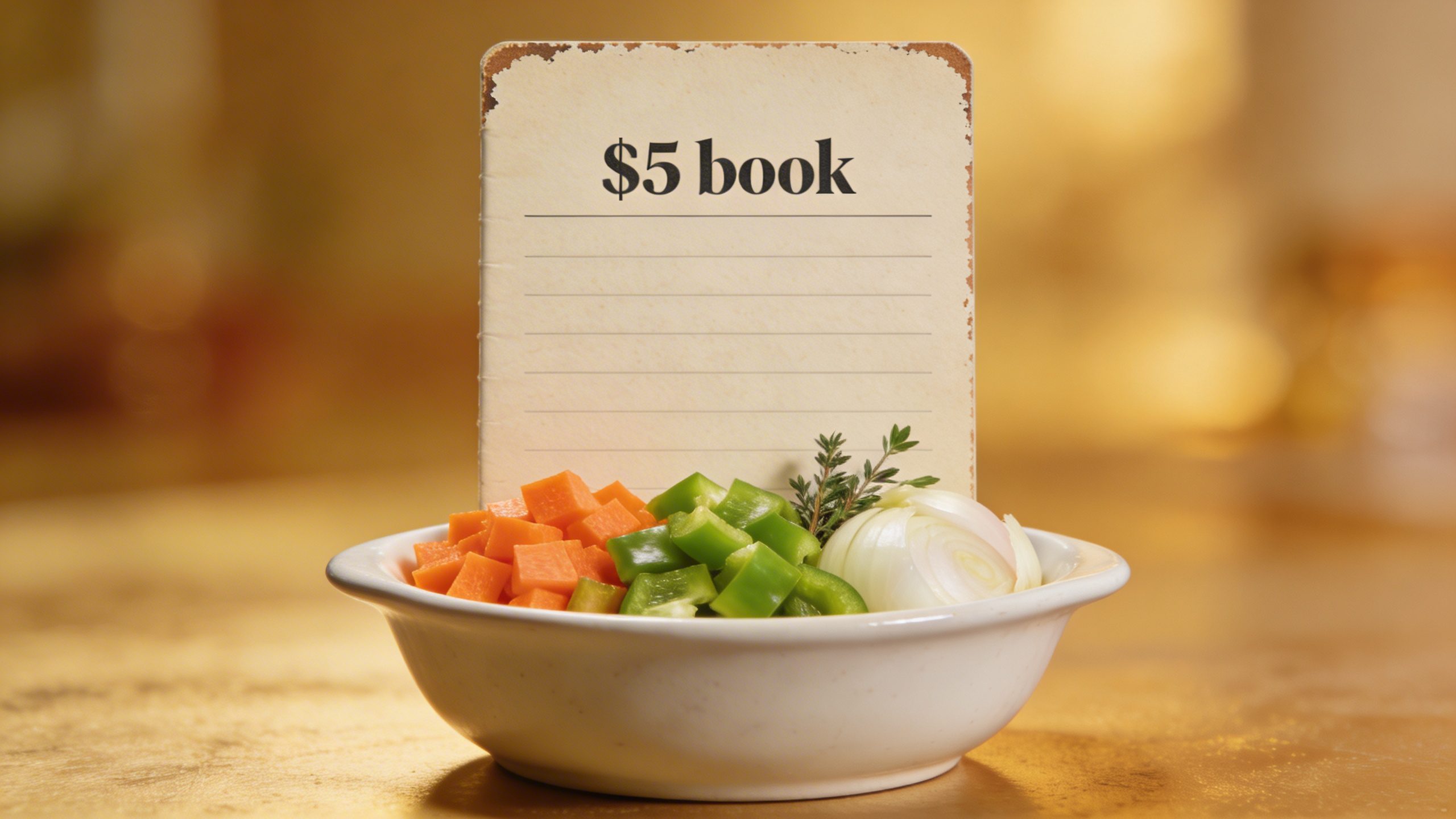 closeup of a $5 cookbook recipe card with ingredients in a neat bowl