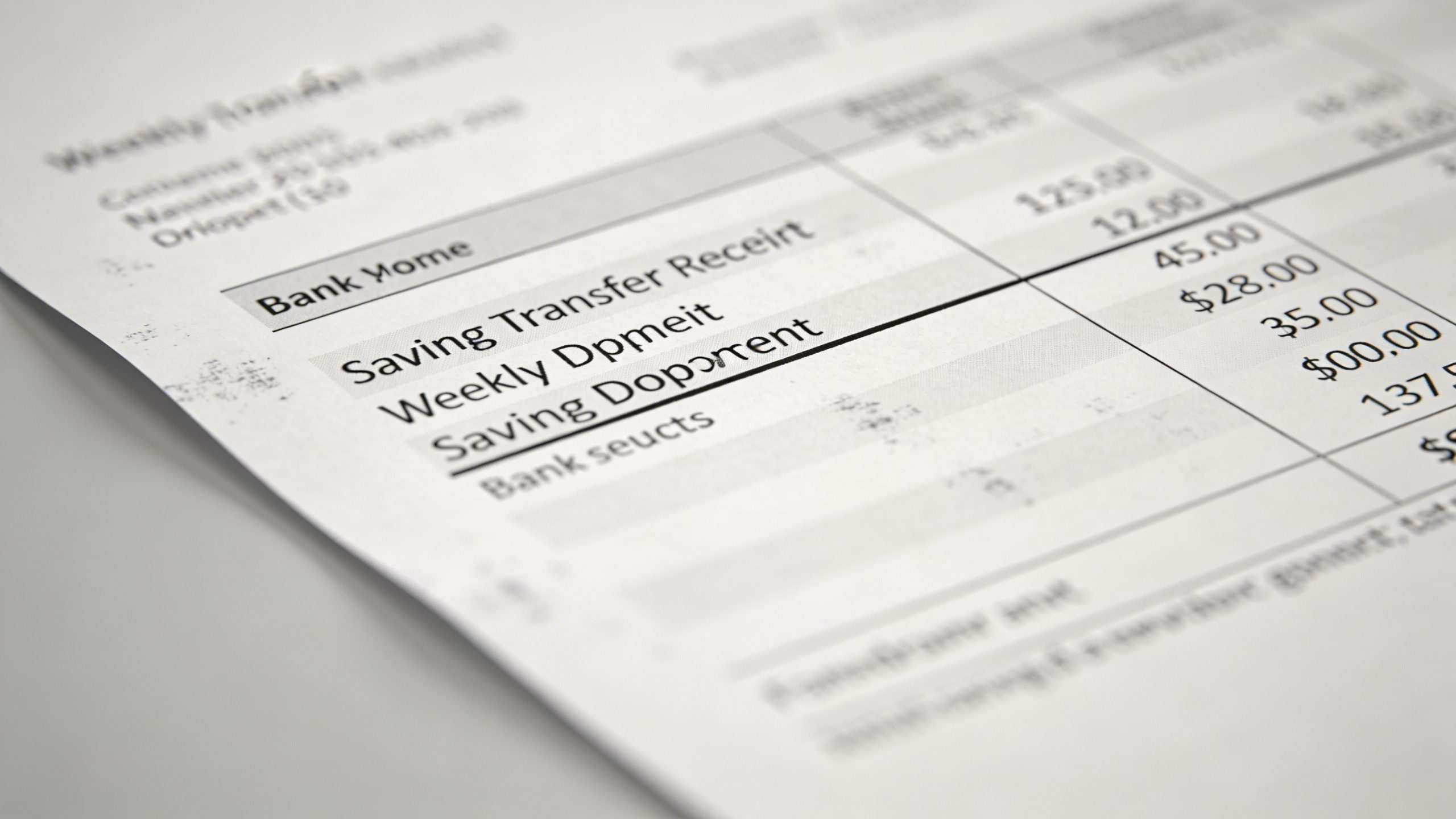 Closeup of a single weekly transfer receipt showing savings deposit on a bank statement
