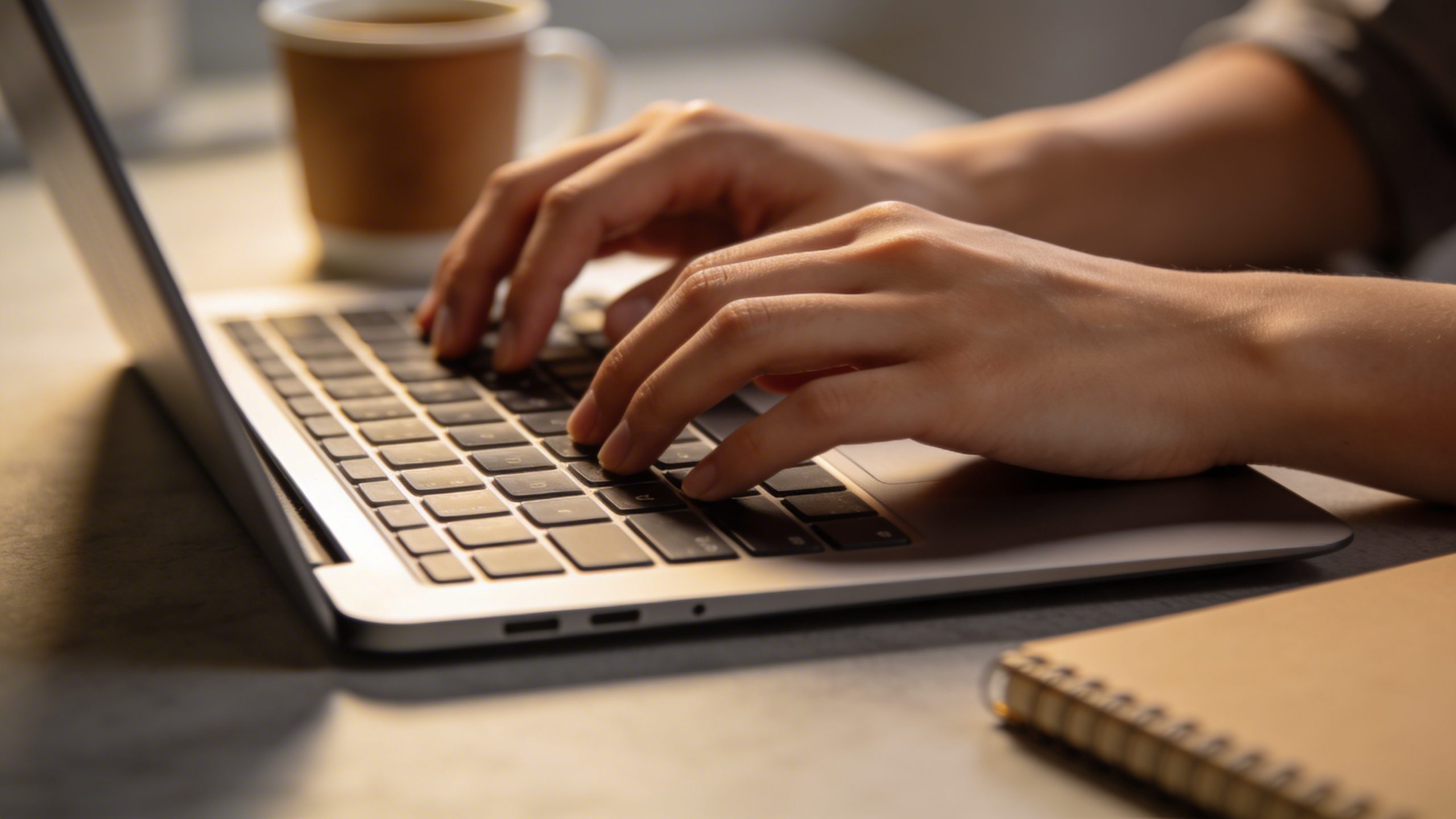 Closeup of a freelancer's hands typing on a laptop keyboard