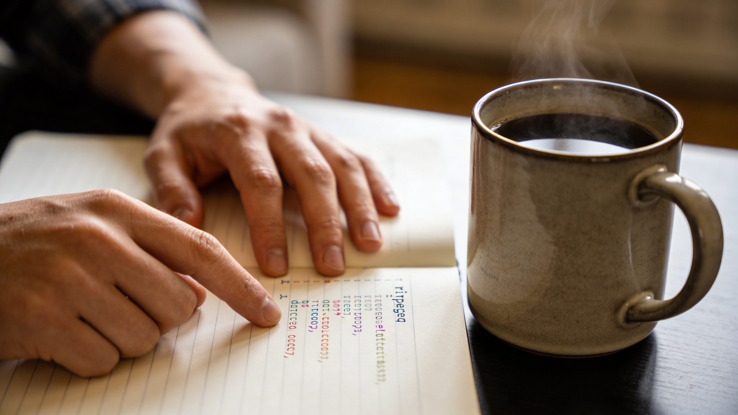Closeup of a person reviewing a ripgrep or code snippet on a notebook beside a coffee mug