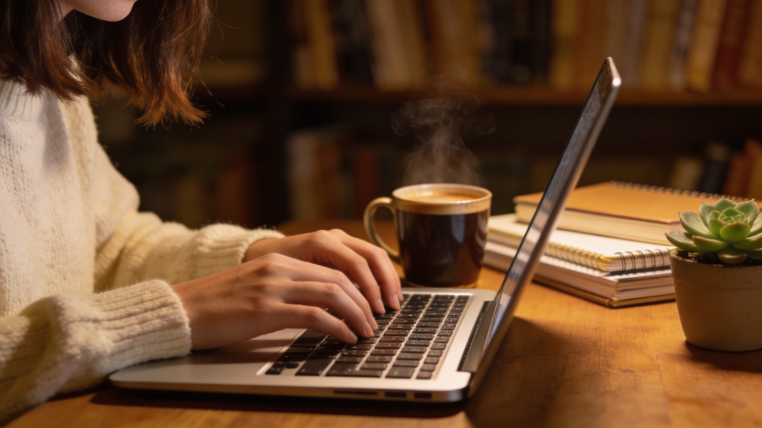 closeup of a freelance writer typing on a laptop in a cozy home office