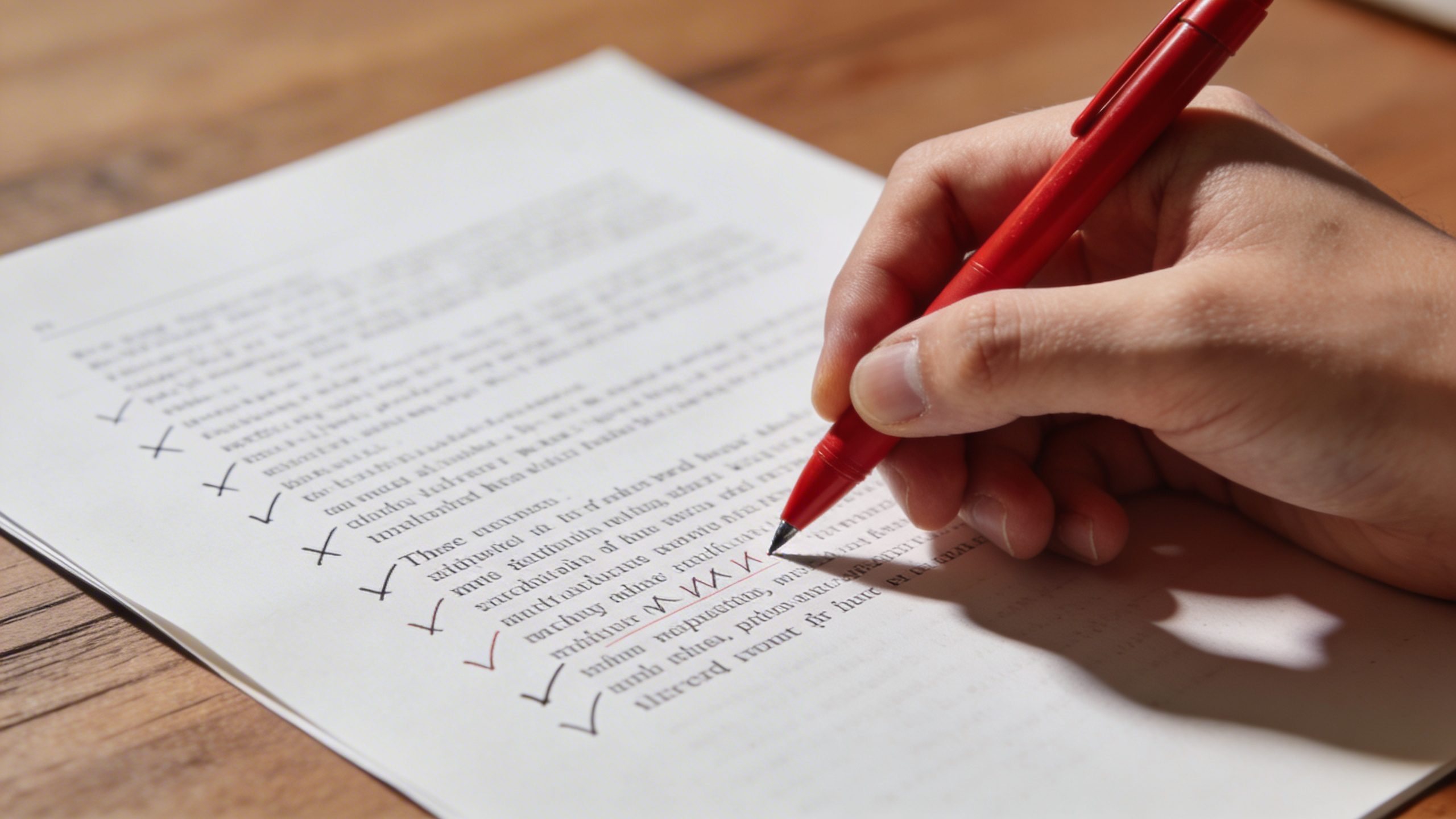 closeup of a person proofing copy with red pen and printed page