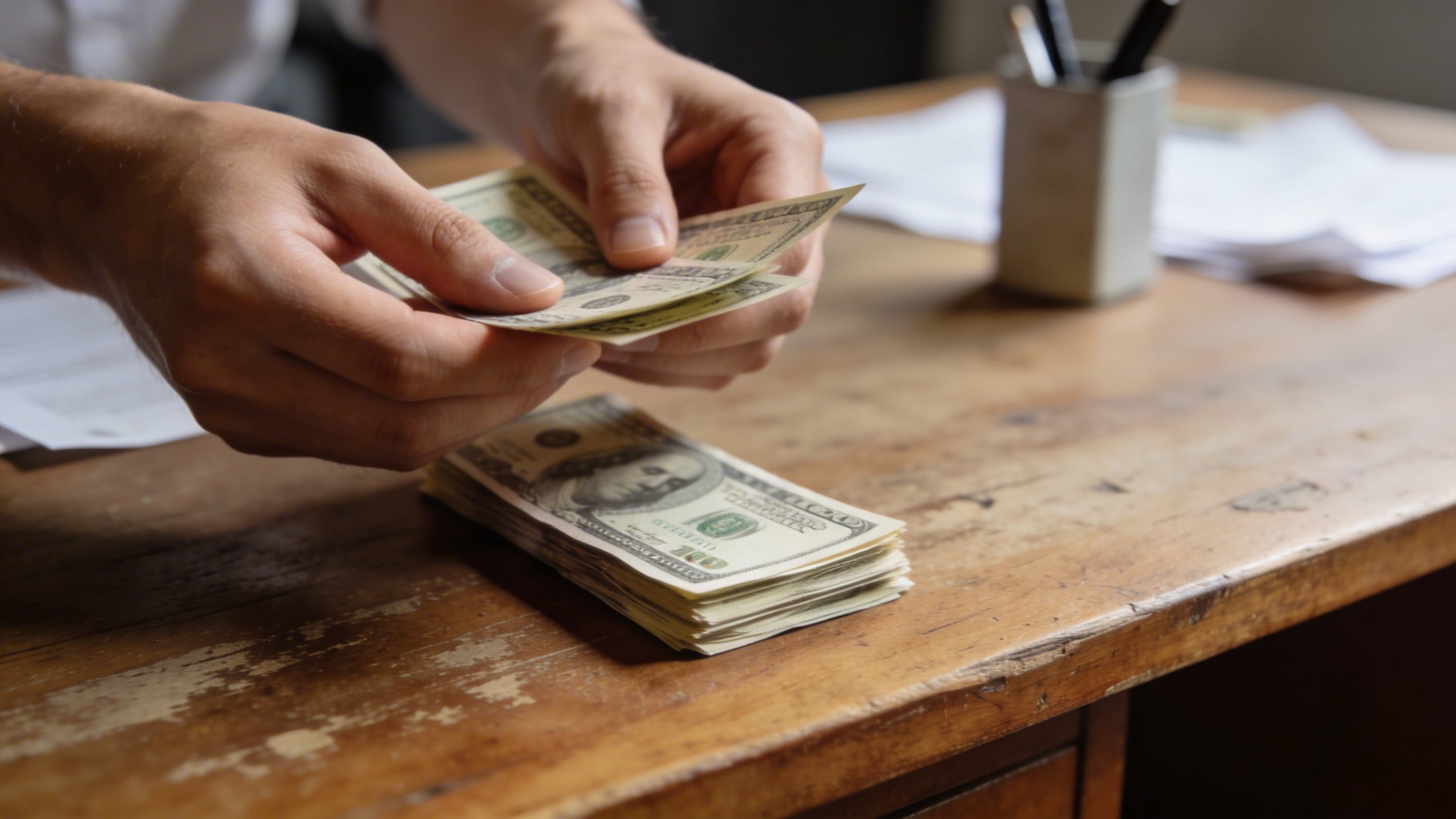 closeup of a person delivering a cash payment for a freelance gig on a desk