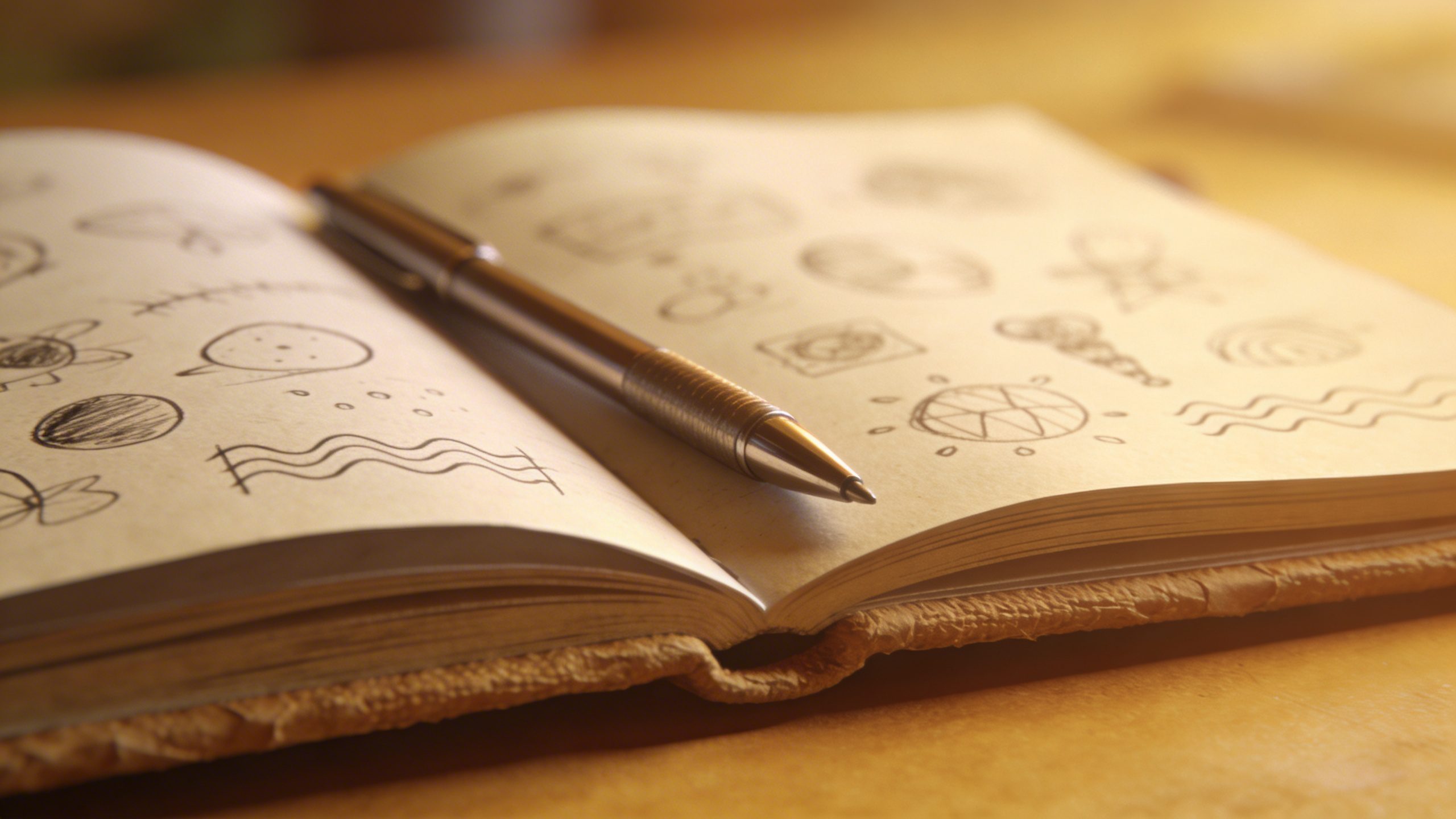 closeup of a single idea notebook with doodles and a pen