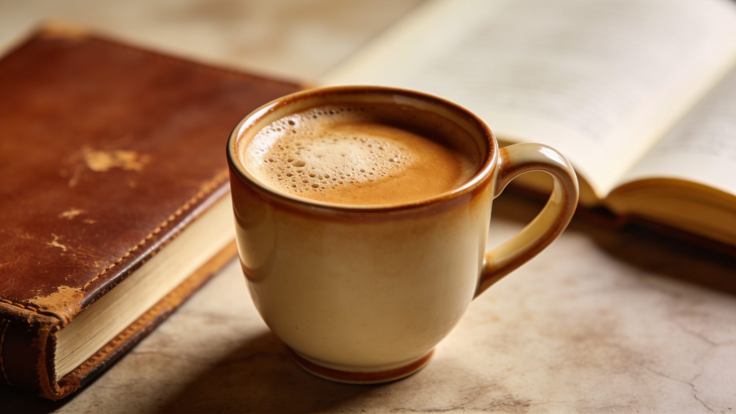 closeup of a single gourmet mug of coffee with a journal beside it