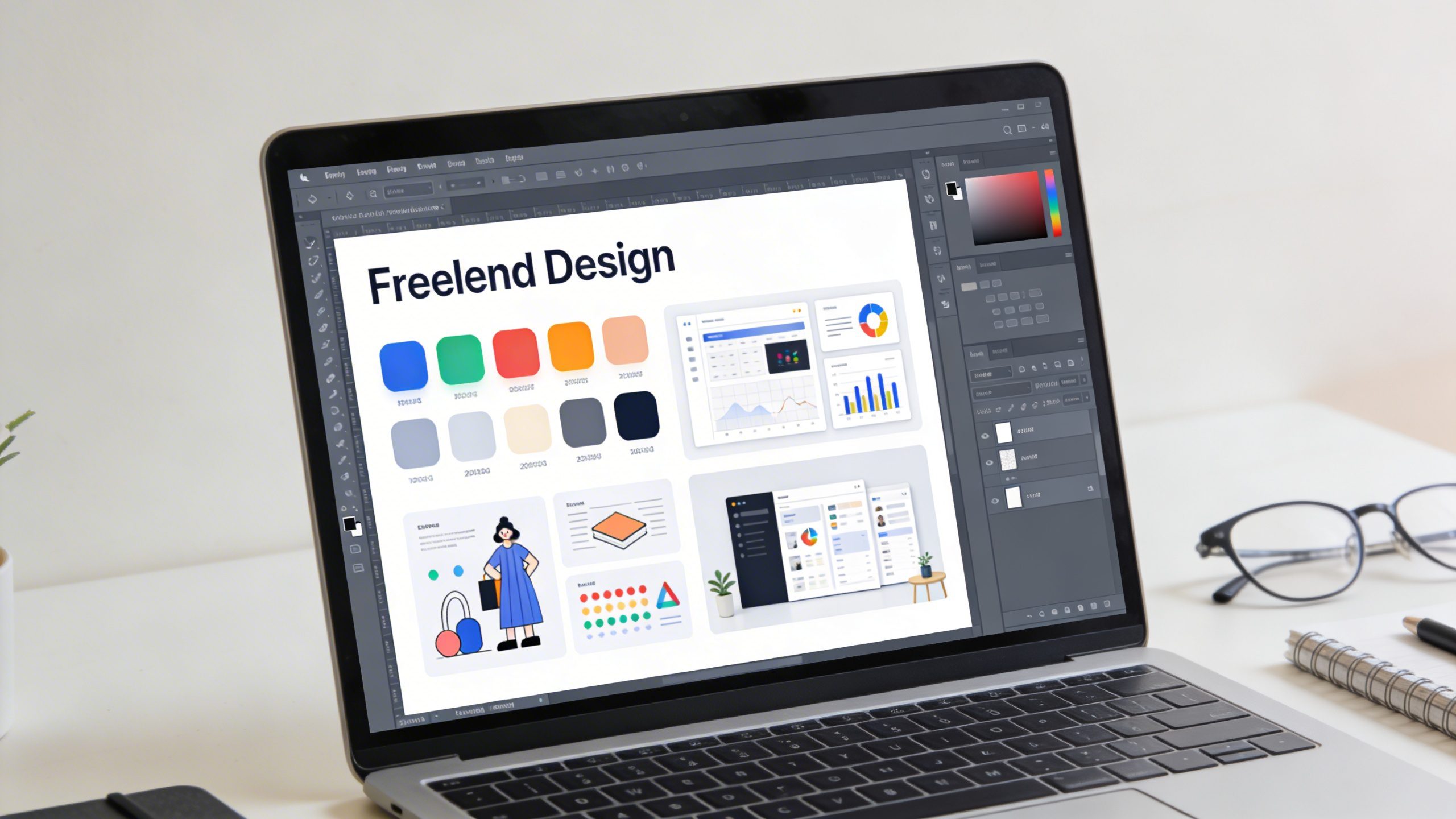 Closeup of a laptop screen displaying a freelance design project on a clean desk