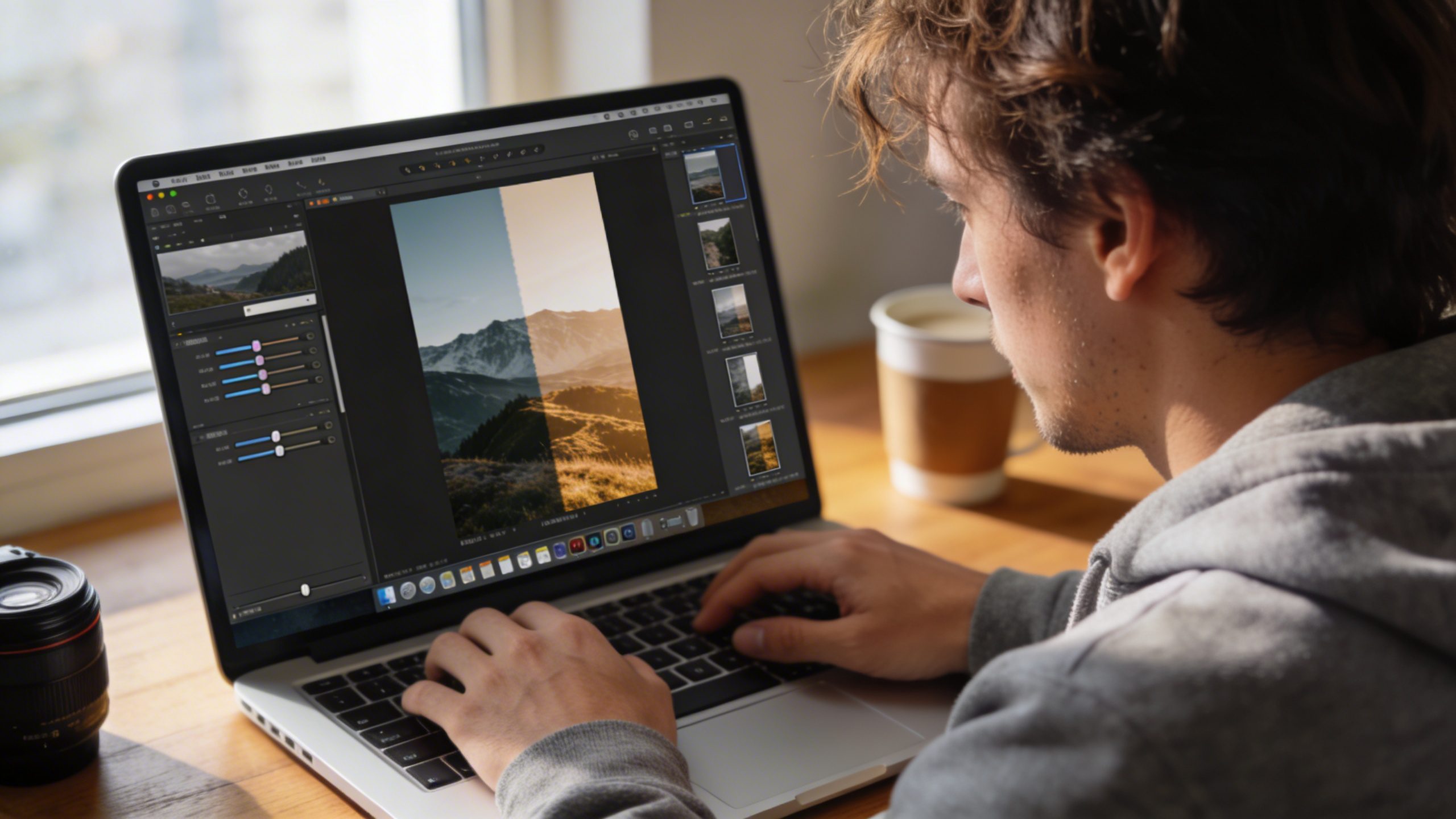closeup of a freelance photographer editing a photo on laptop