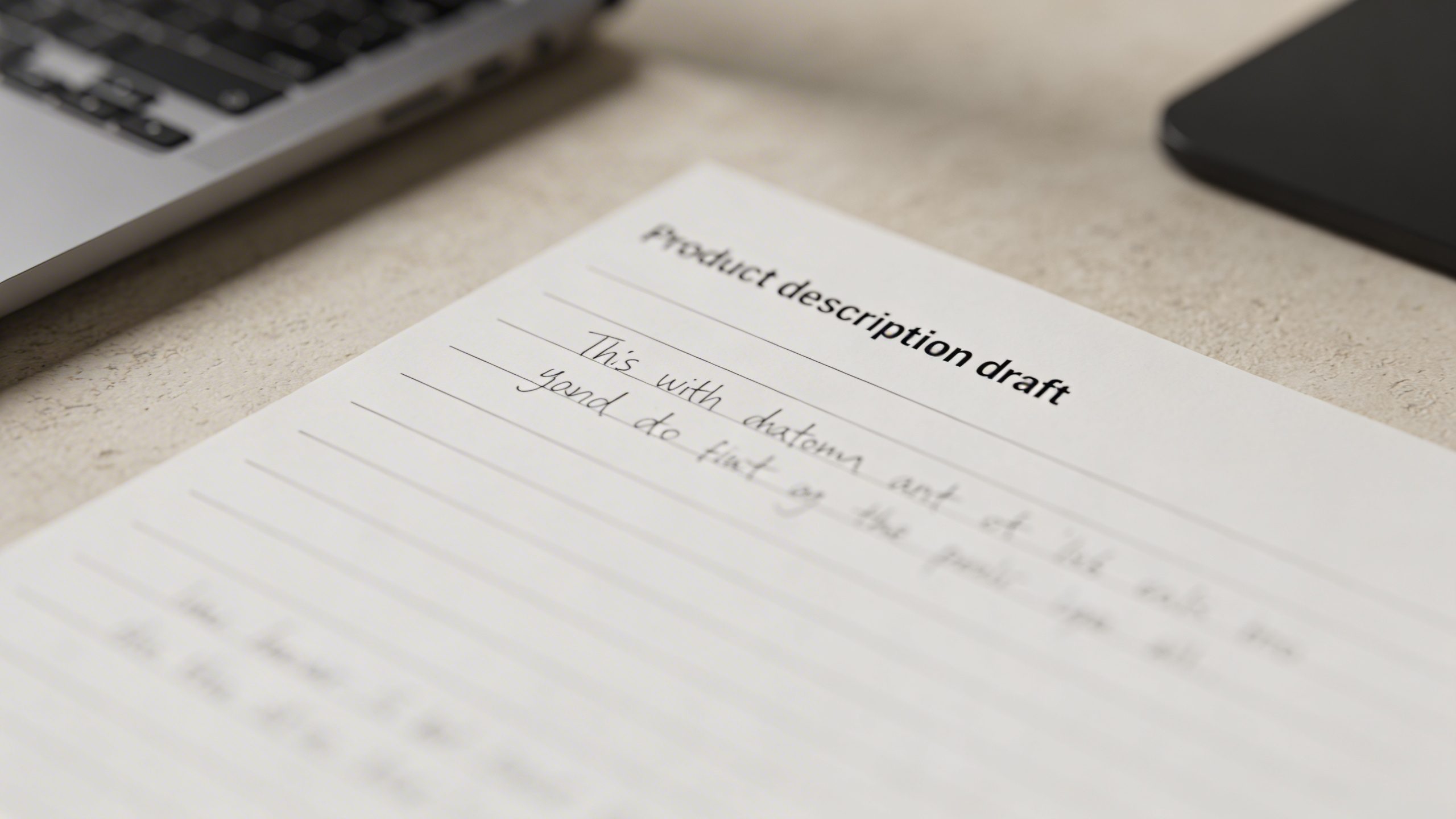 closeup of a product description draft on a clean desk surface
