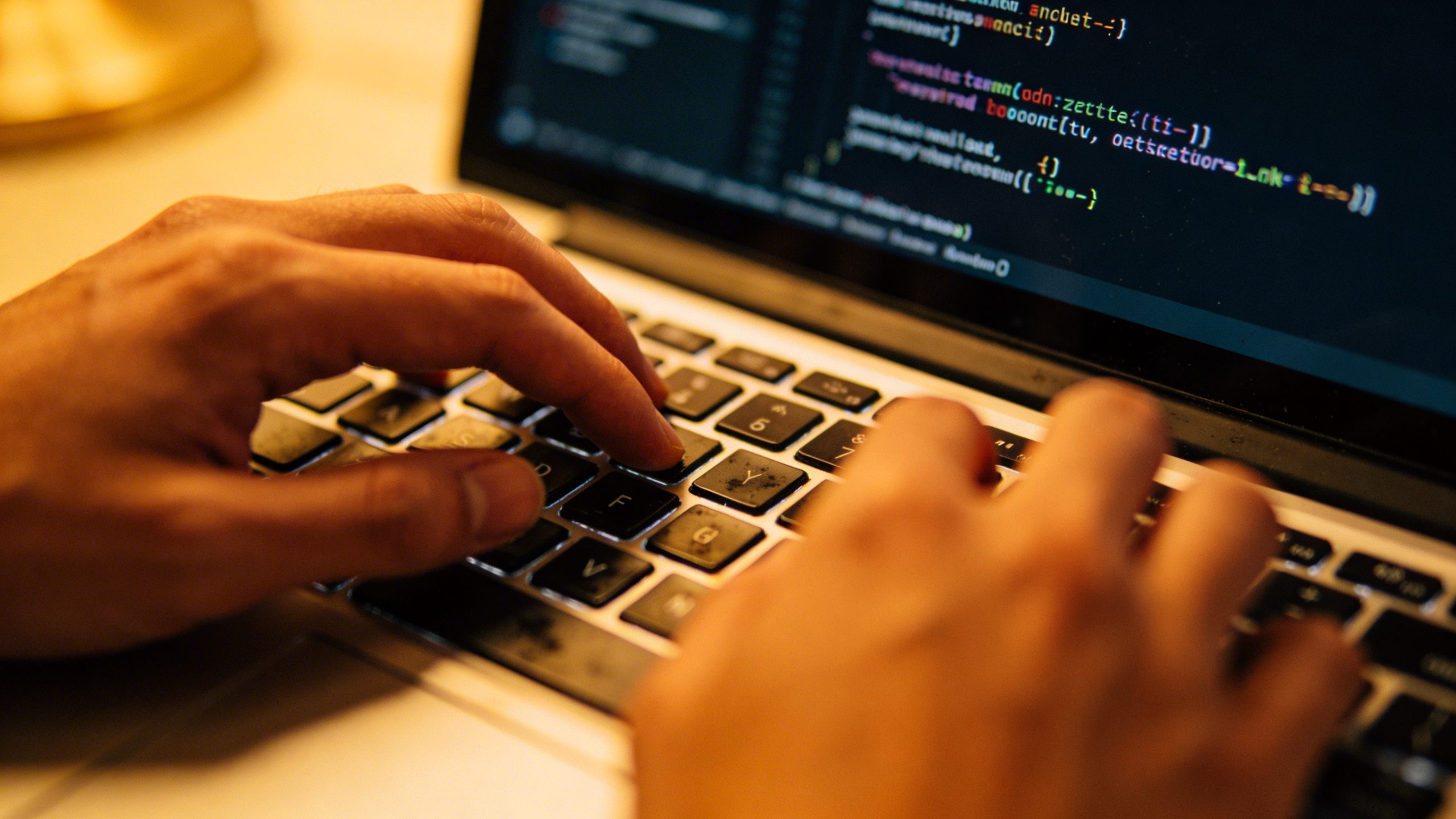 Closeup of a laptop with code on screen and hands typing
