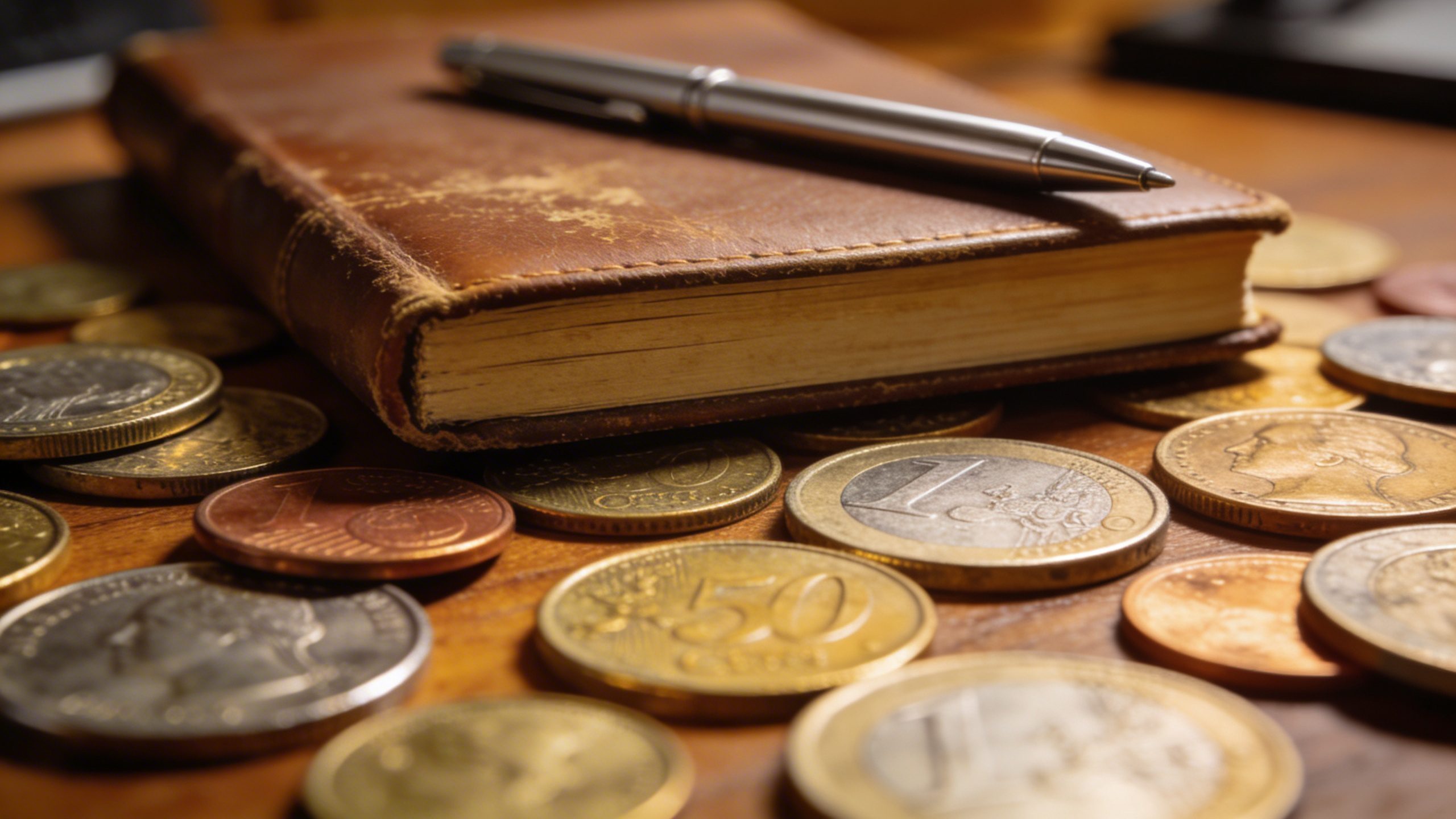 Closeup of a notebook and pen on a desk with diverse currency coins