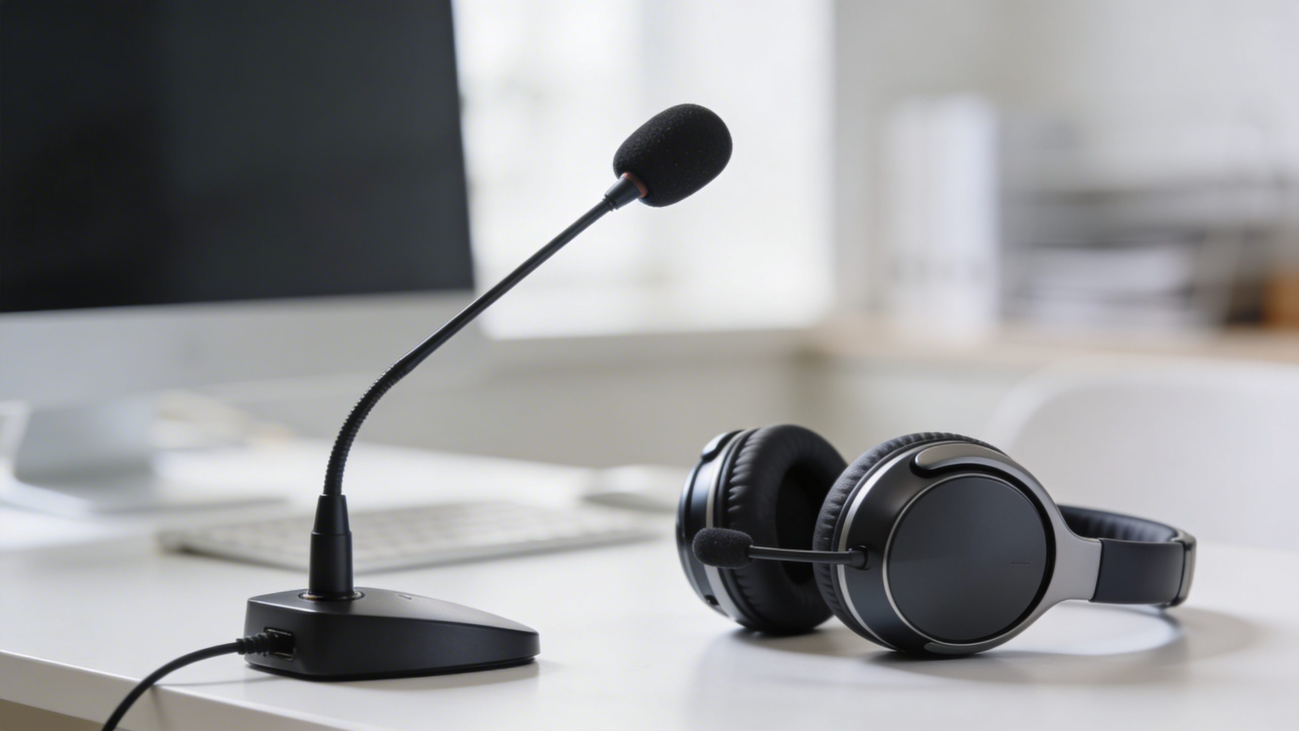 closeup of a microphone and headset on a clean desk