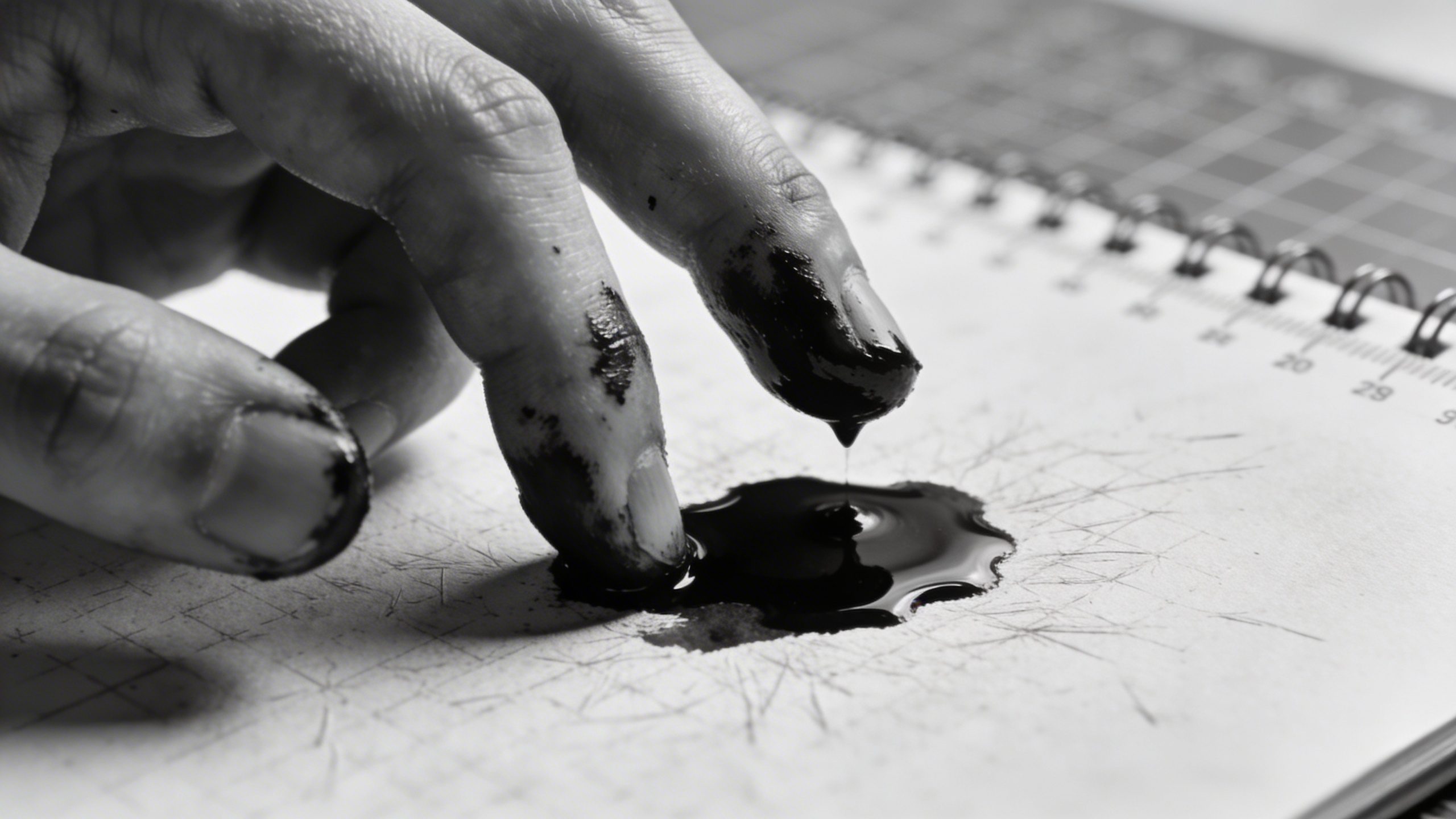 Closeup of a hand-diluting ink on a drafting pad, micro detail shot