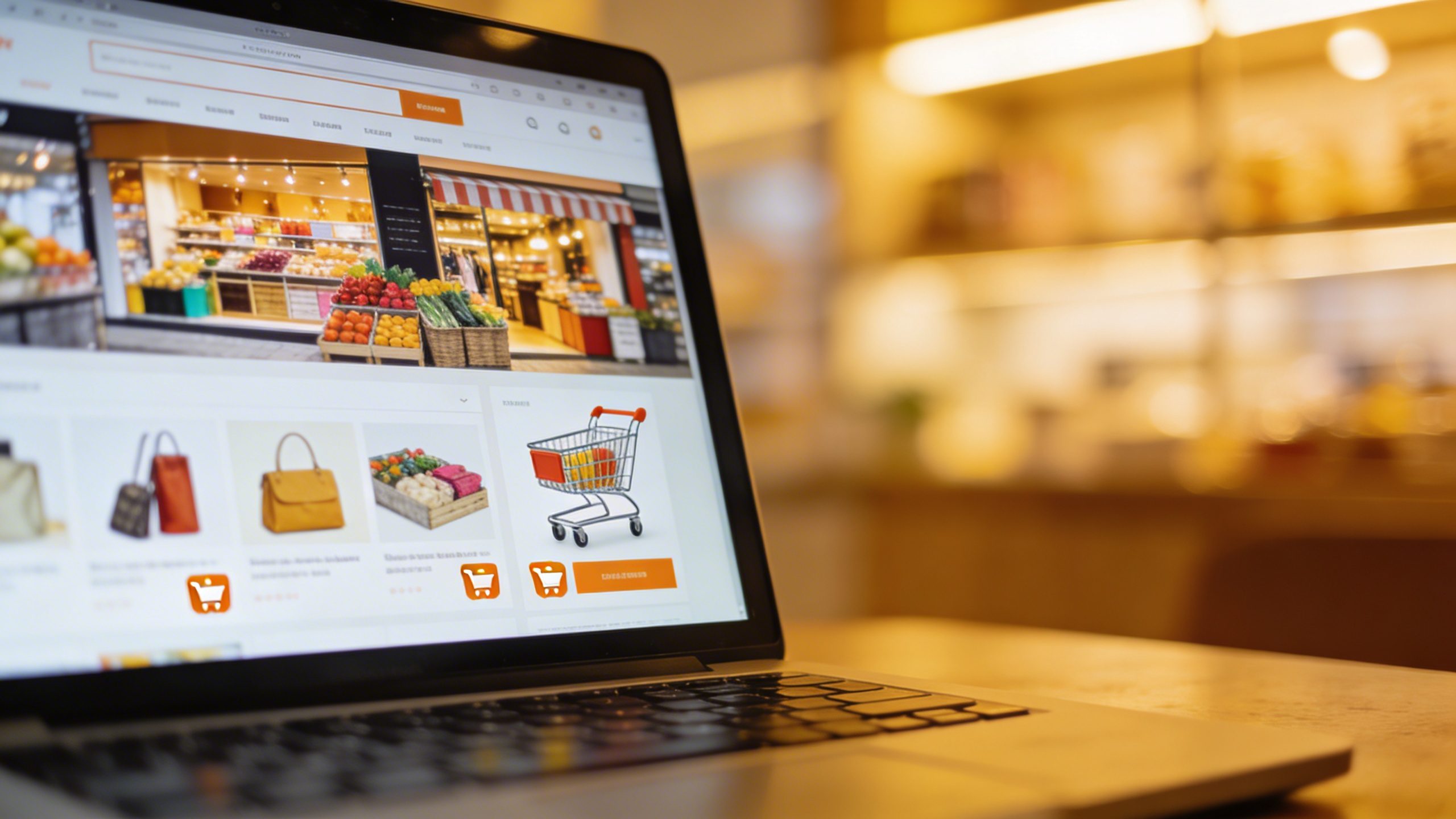 Closeup of a laptop screen displaying a thriving online storefront, shallow depth