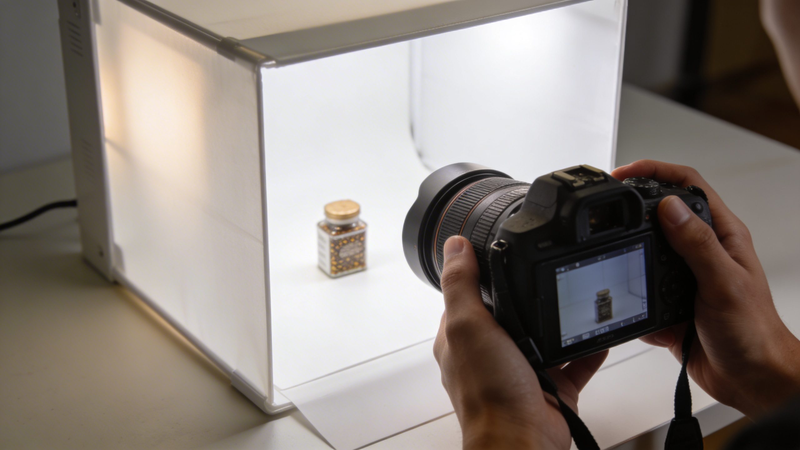 Macro portrait of a person photographing a product with a single lightbox setup