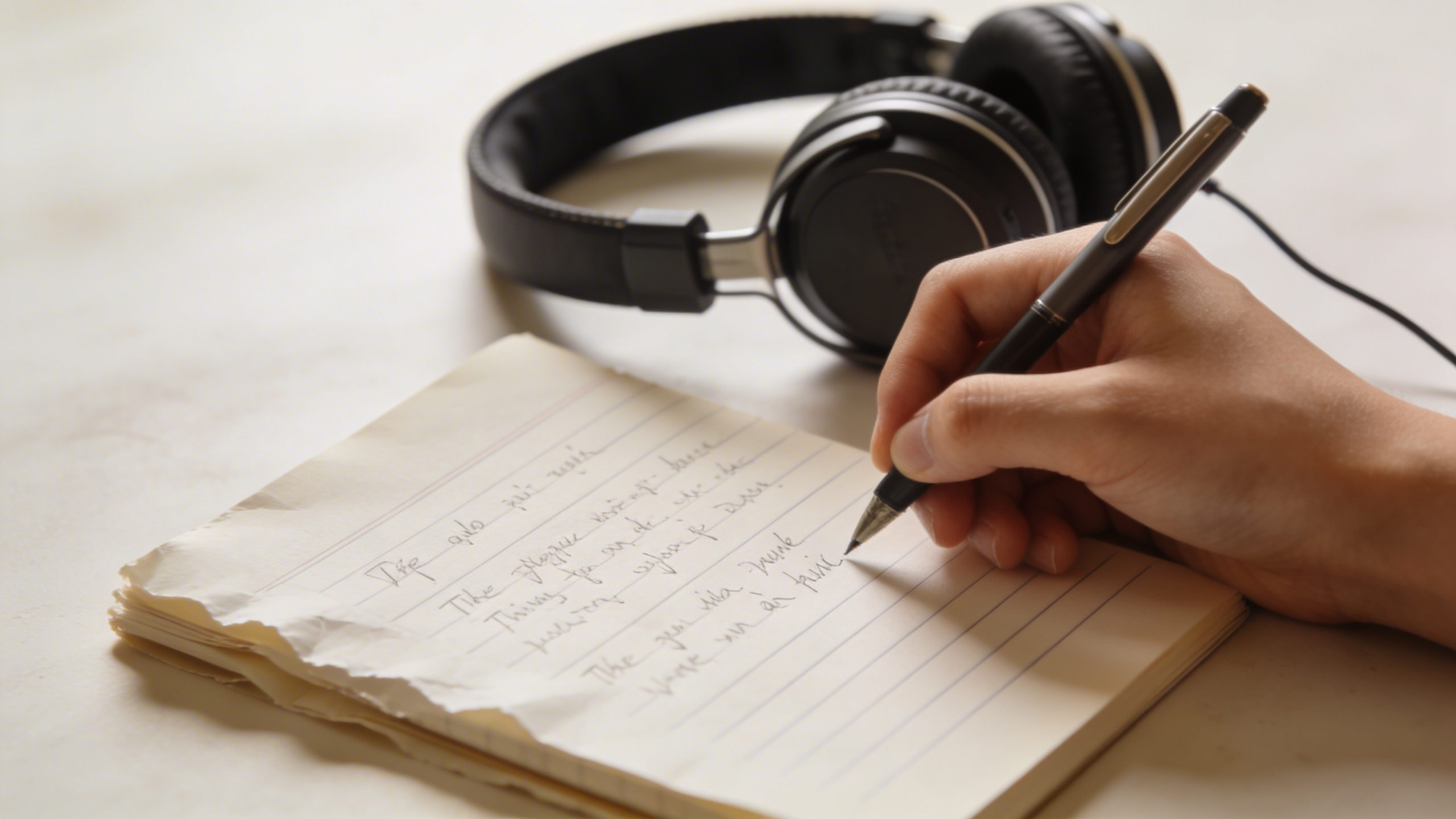 Close-up of a hand transcribing audio on a notebook with headphones
