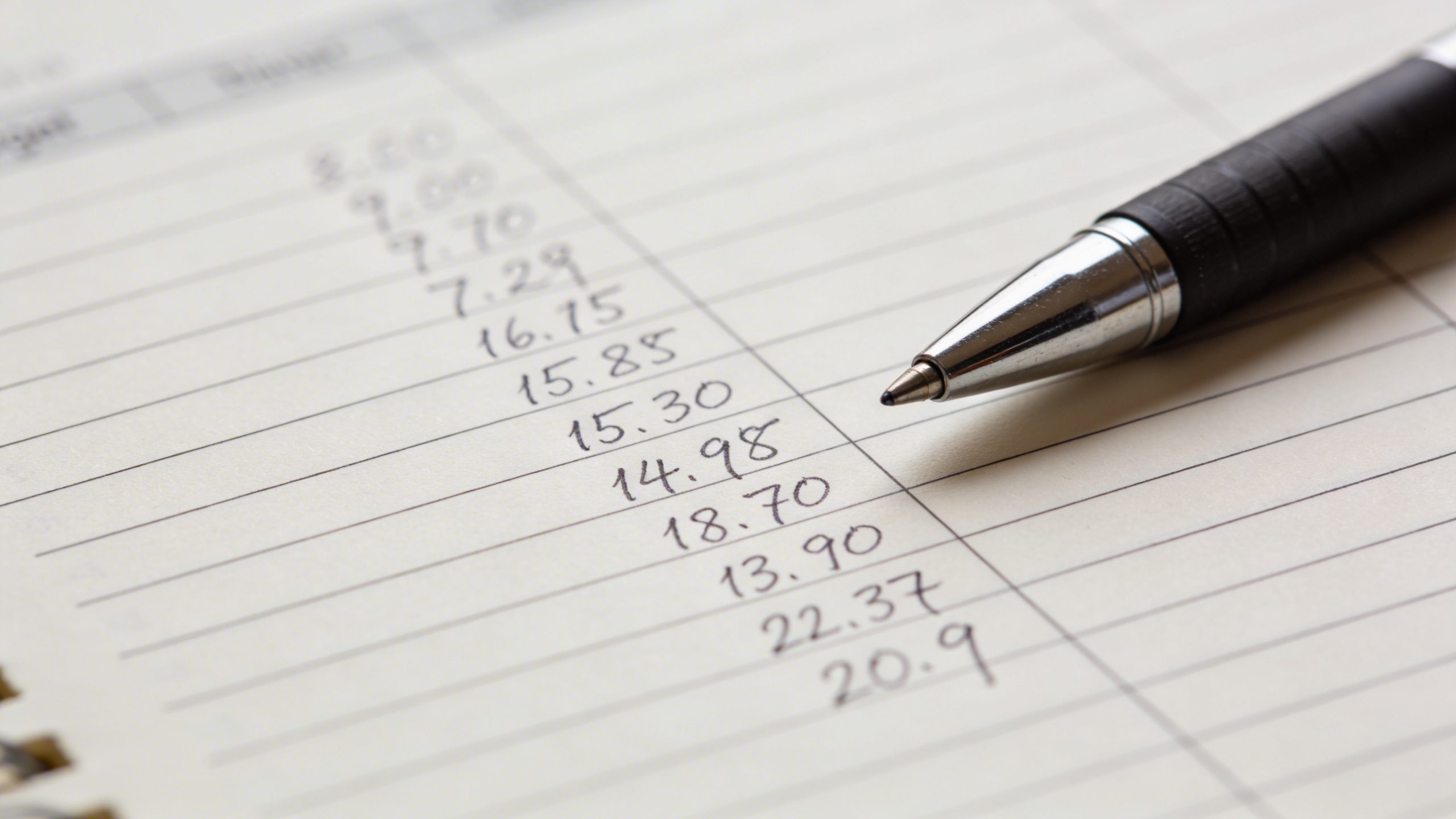 Closeup of a single budget planner page with handwritten numbers and a pen