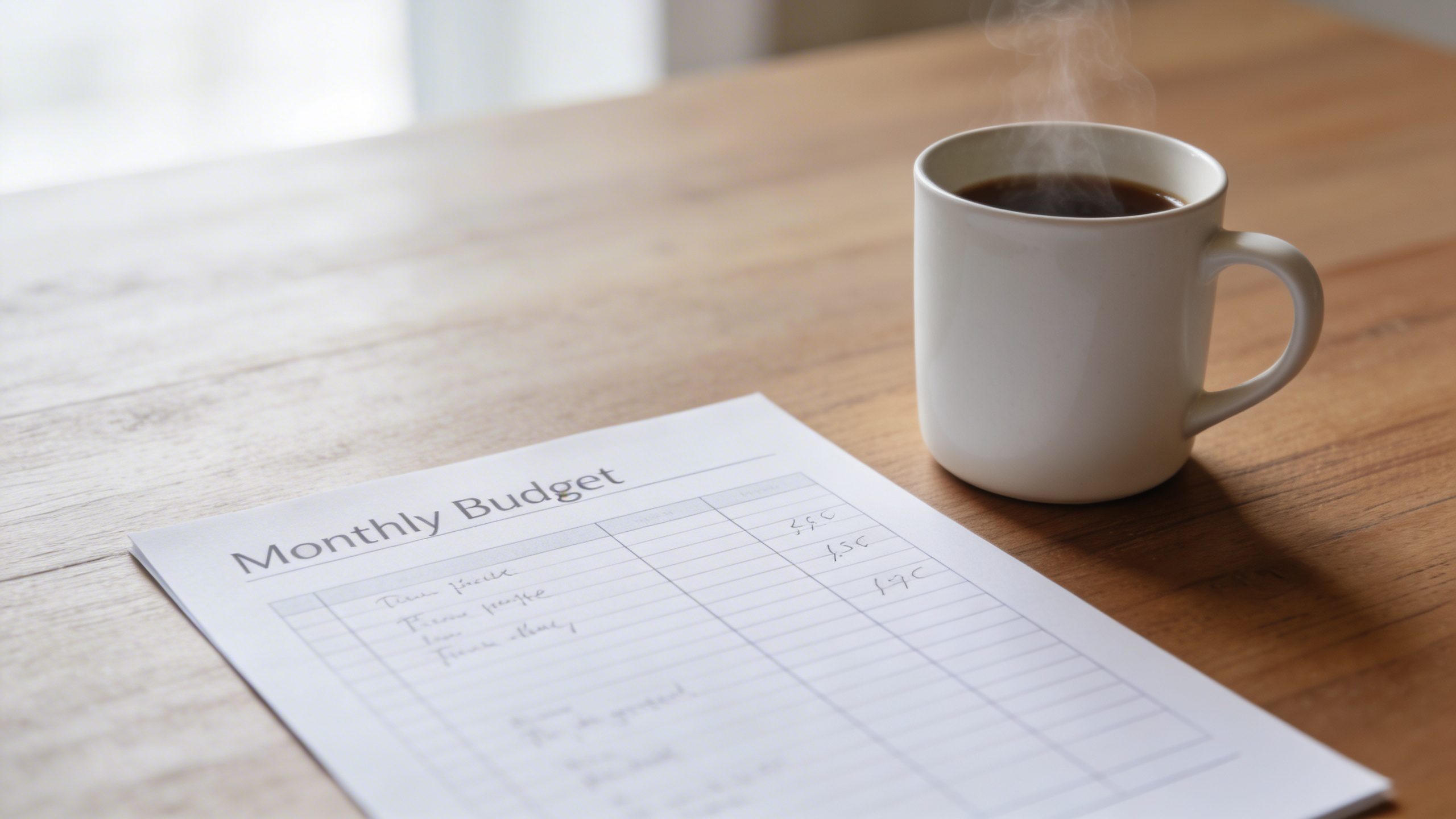 Closeup of a monthly budget template on a clean desk with coffee mug