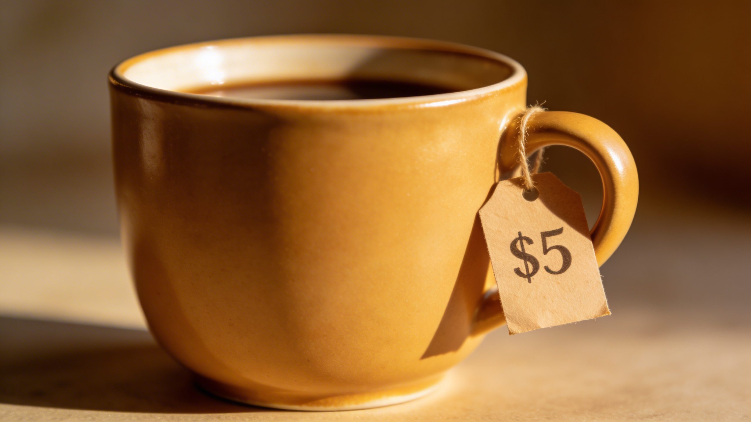 Closeup of a single coffee cup with a labeled “$5” budget tag
