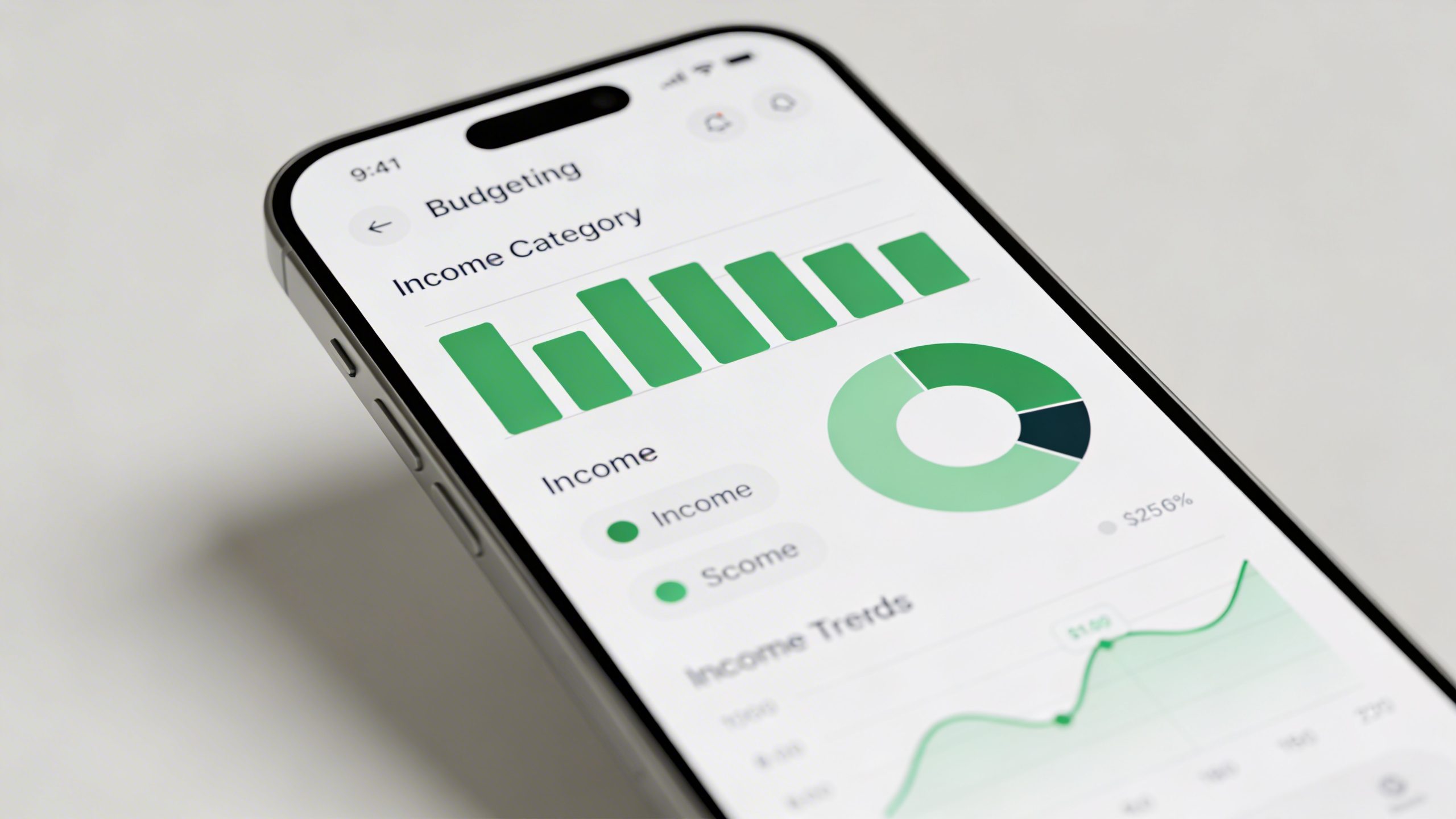 Closeup of a smartphone displaying a budgeting app’s income category screen