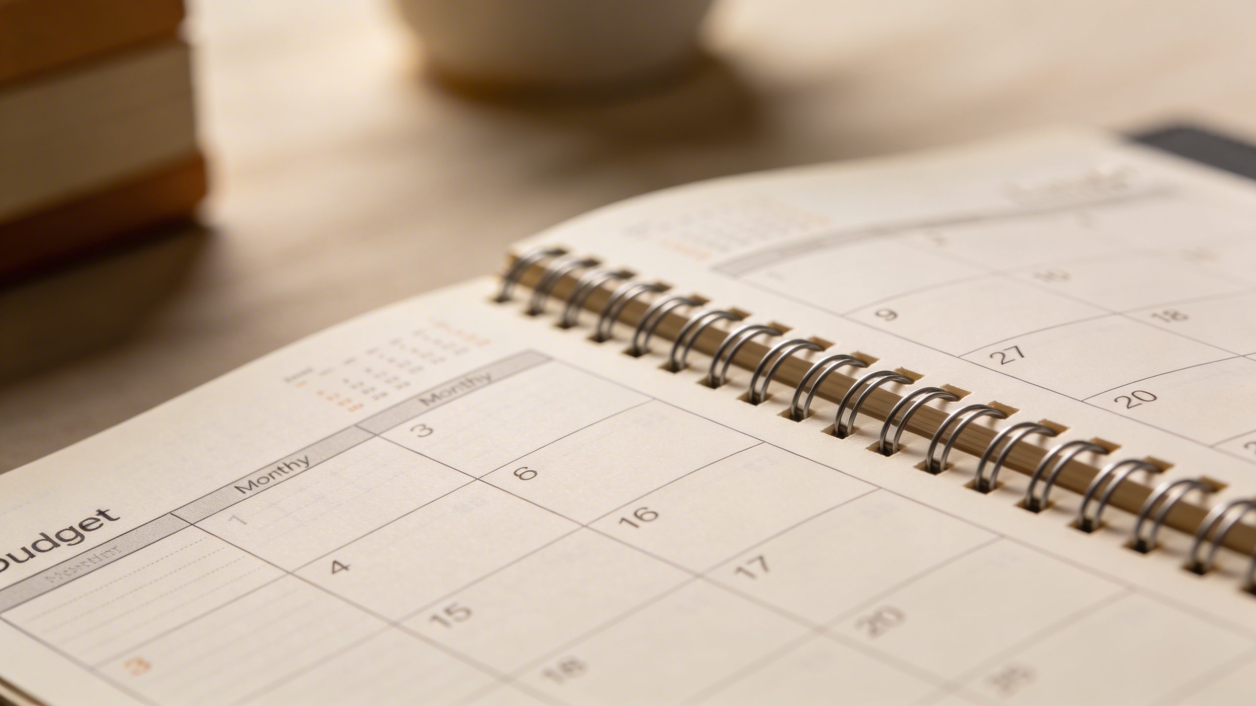 Closeup of a sleek budget planner open to a monthly ledger