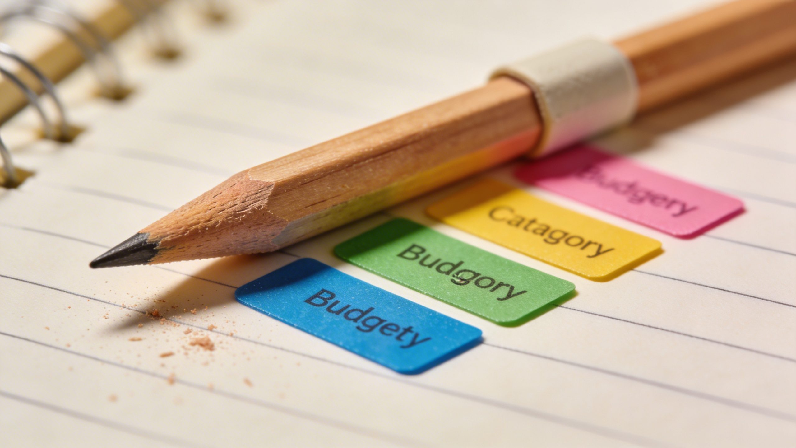 closeup of a pencil and color-coded budget category stickers on a notebook
