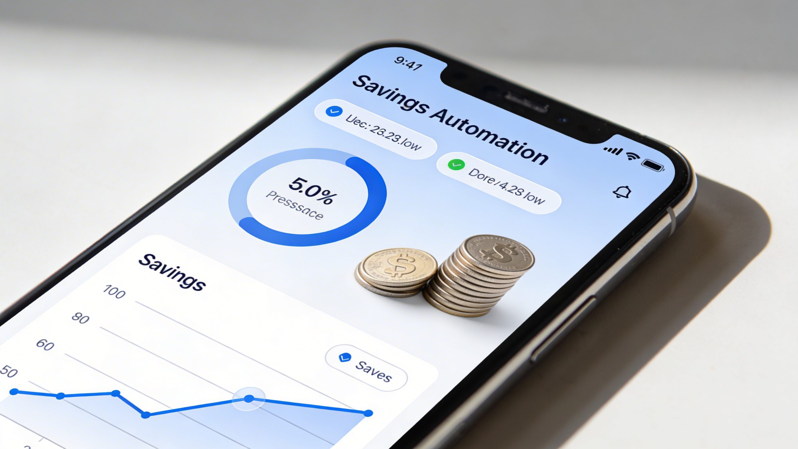 Closeup of a smartphone screen showing a savings automation app dashboard