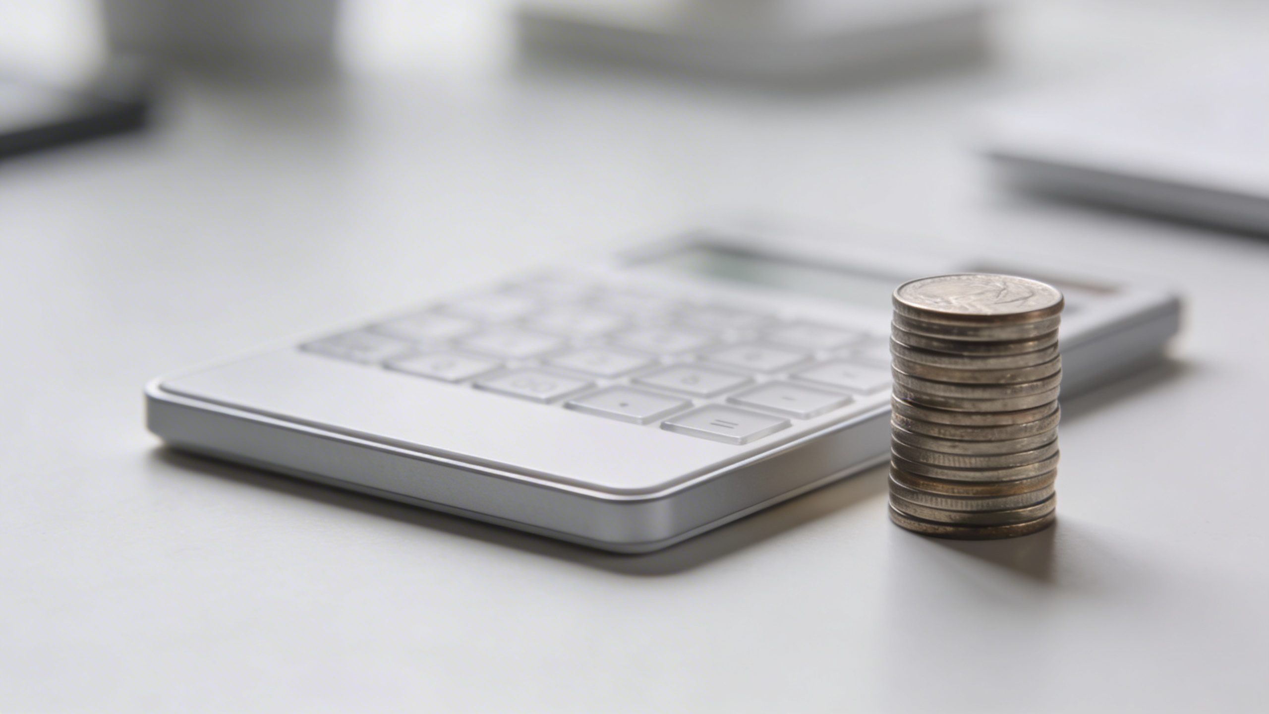 Closeup of a minimalist calculator next to a single stack of coins on a clean desk