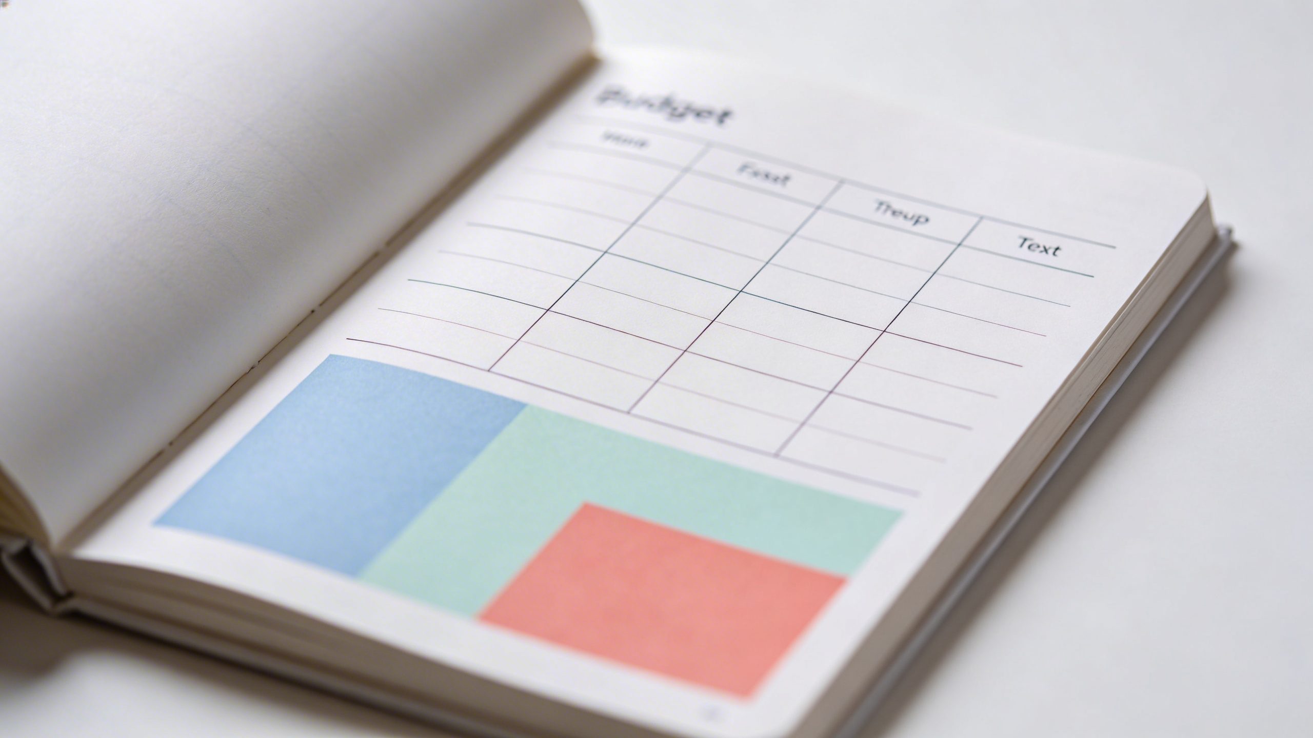 closeup of a minimalist budget planner open to a simple, colorful expense chart