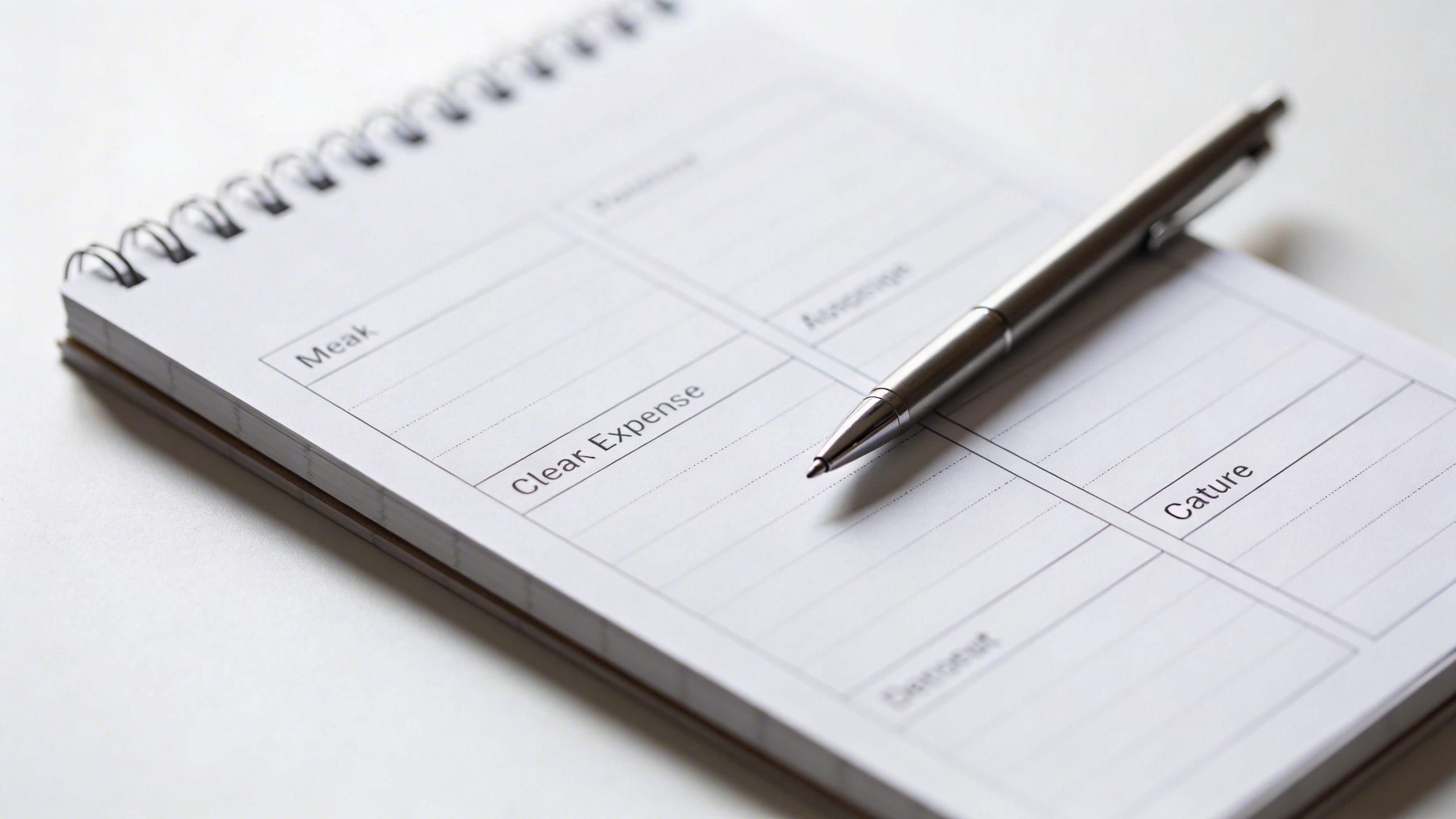 closeup of a single white notebook page with clear expense categories and a pen