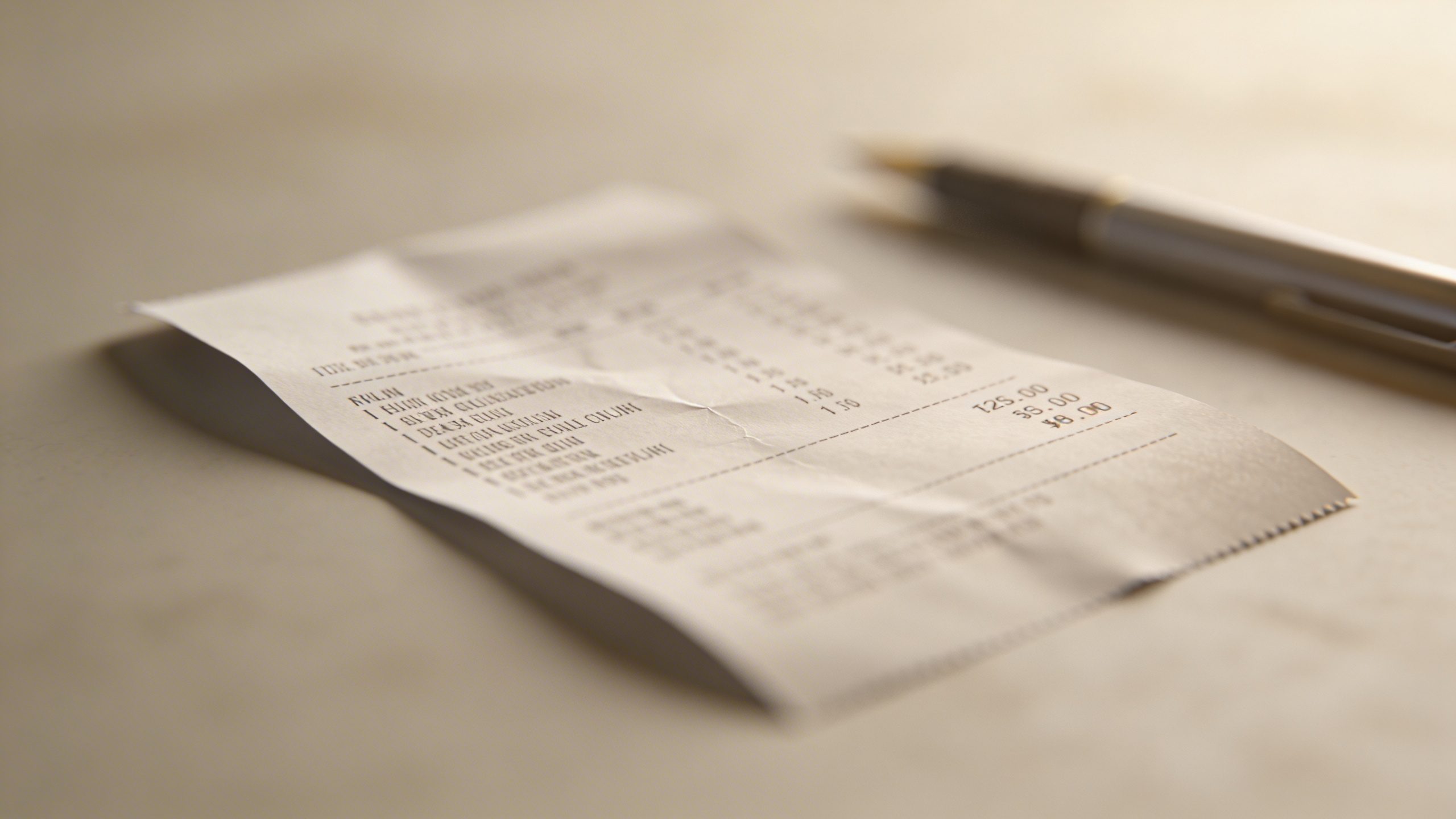 Closeup of a lone grocery receipt with a blurred pen nearby