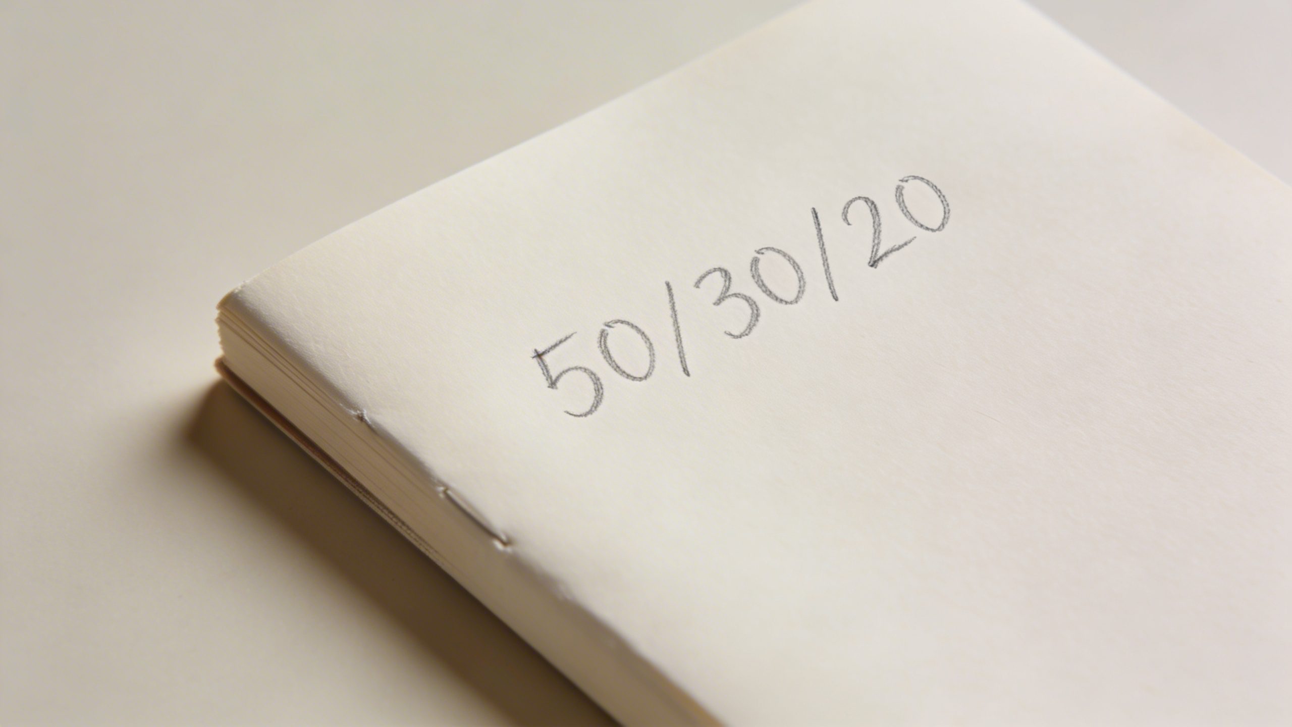 closeup of a minimalist budget notebook with 50/30/20 written in pencil