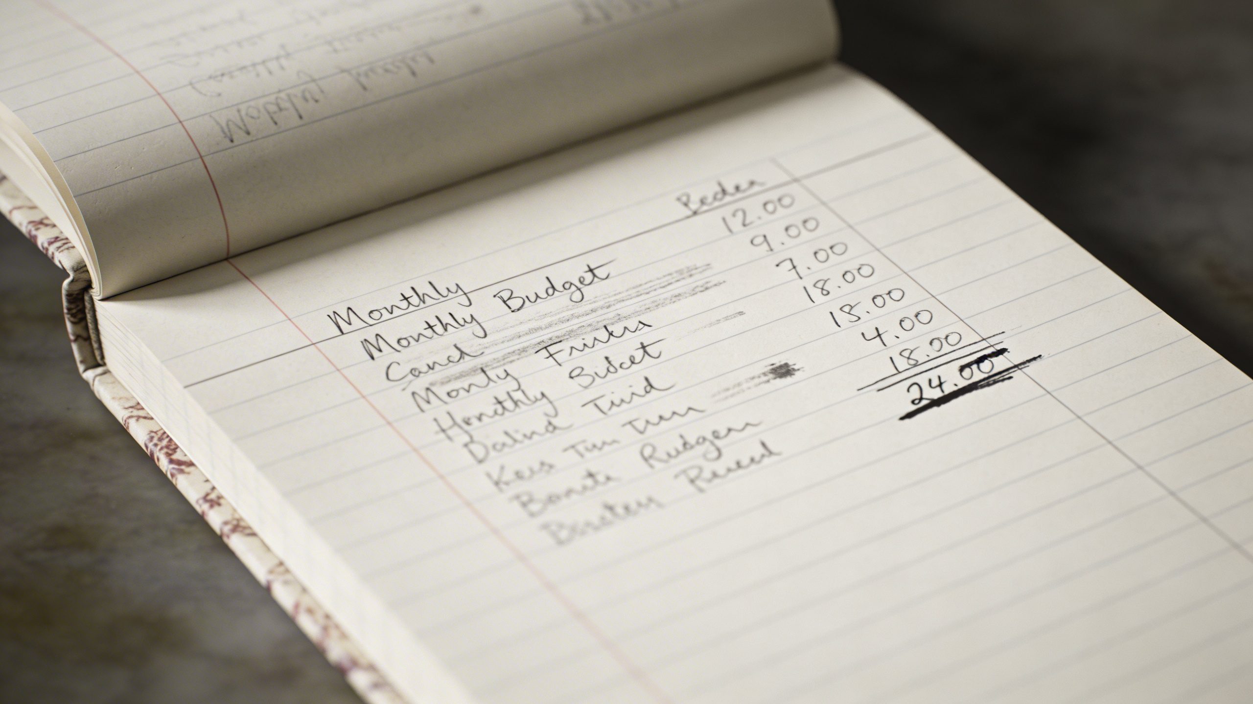 Closeup of a single ledger notebook with handwritten monthly budget line items