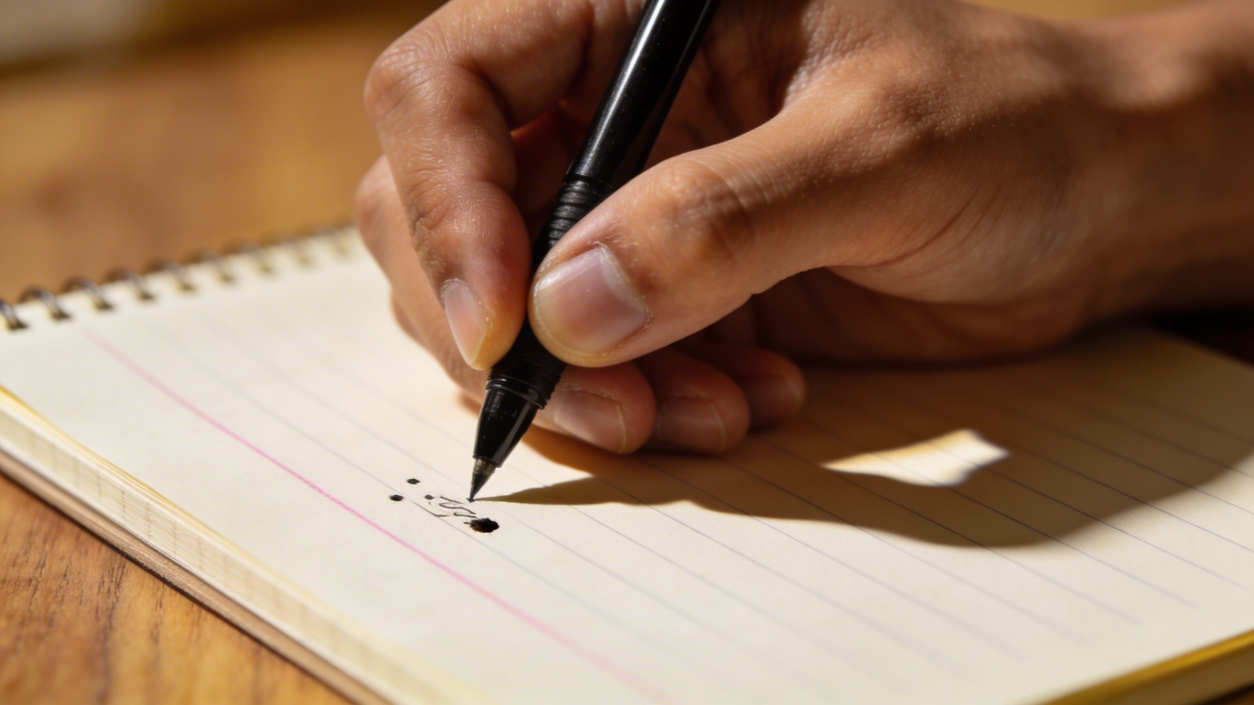 Closeup of a hand writing budget categories on a notebook