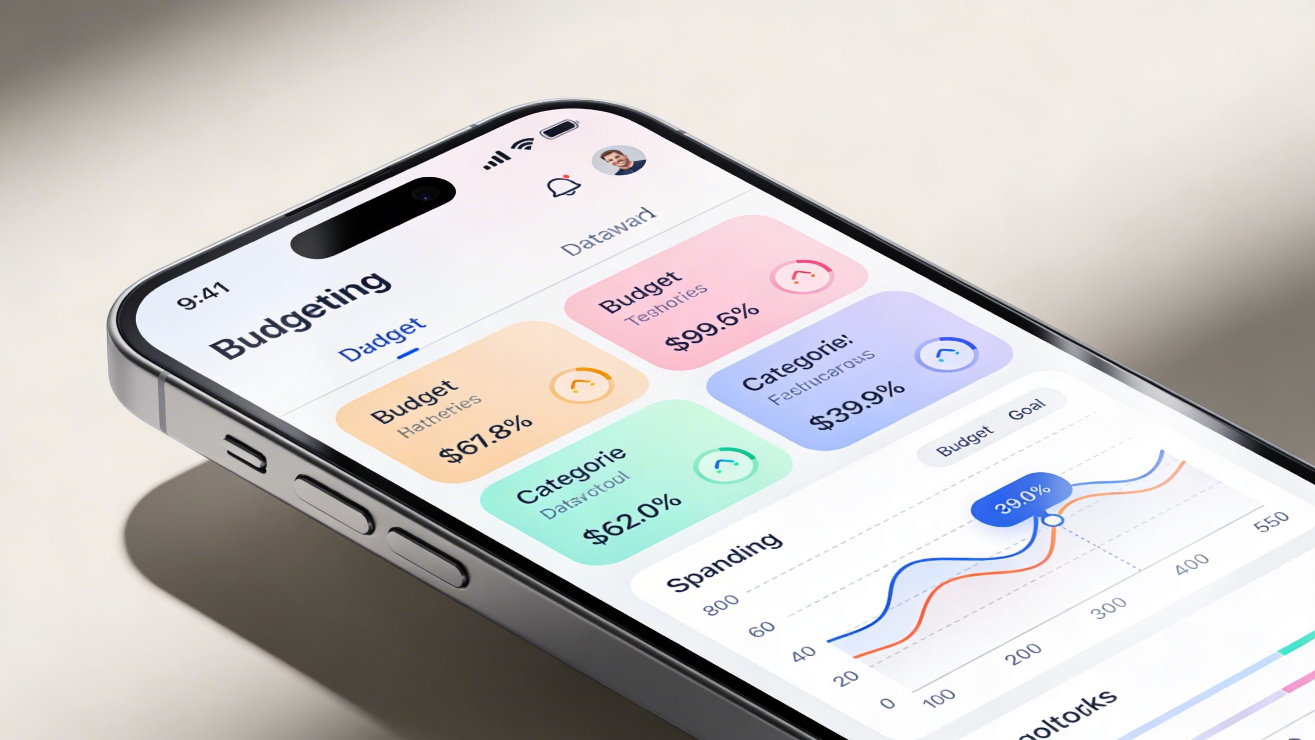 Closeup of a smartphone screen showing a budgeting app dashboard