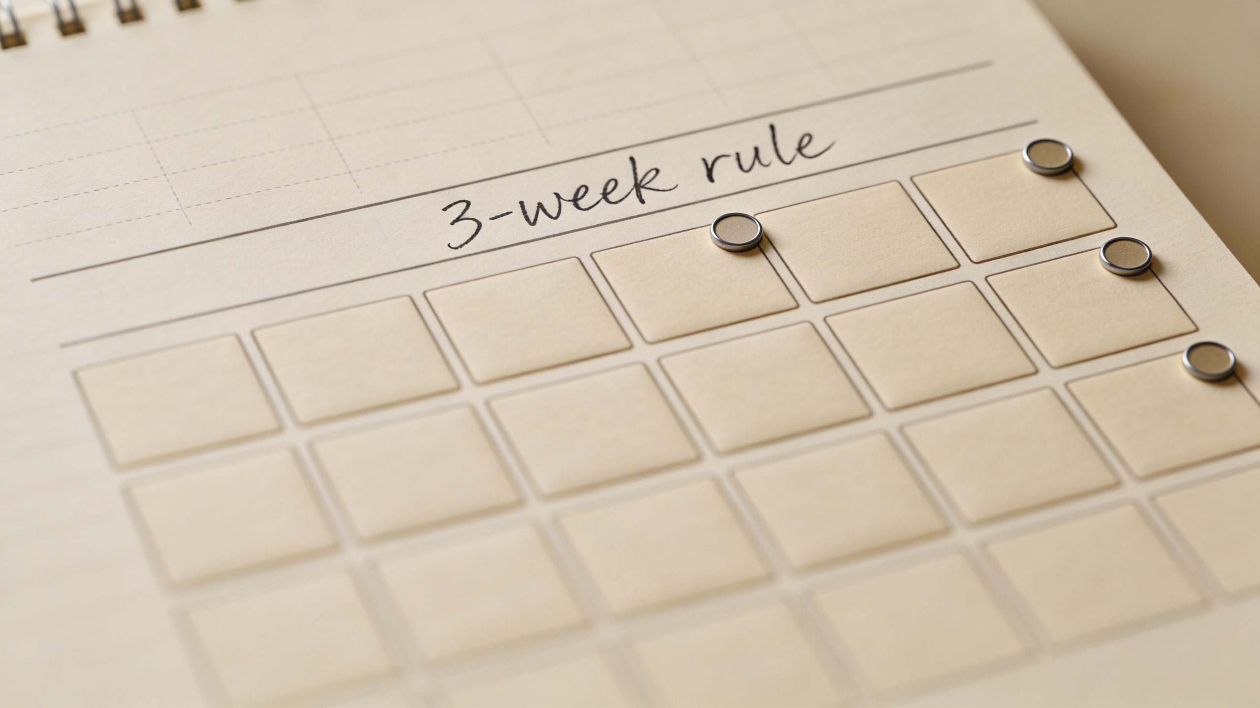 Closeup of a calendar page with a 3-week rule note and markers