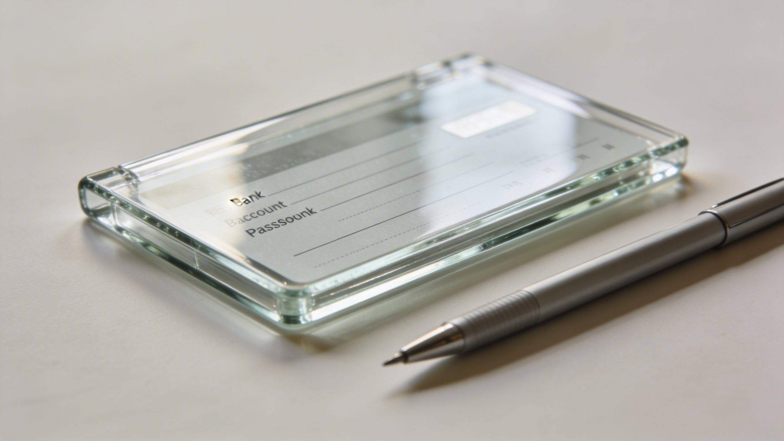 Closeup of a glass bank account passbook with a single pen resting beside it