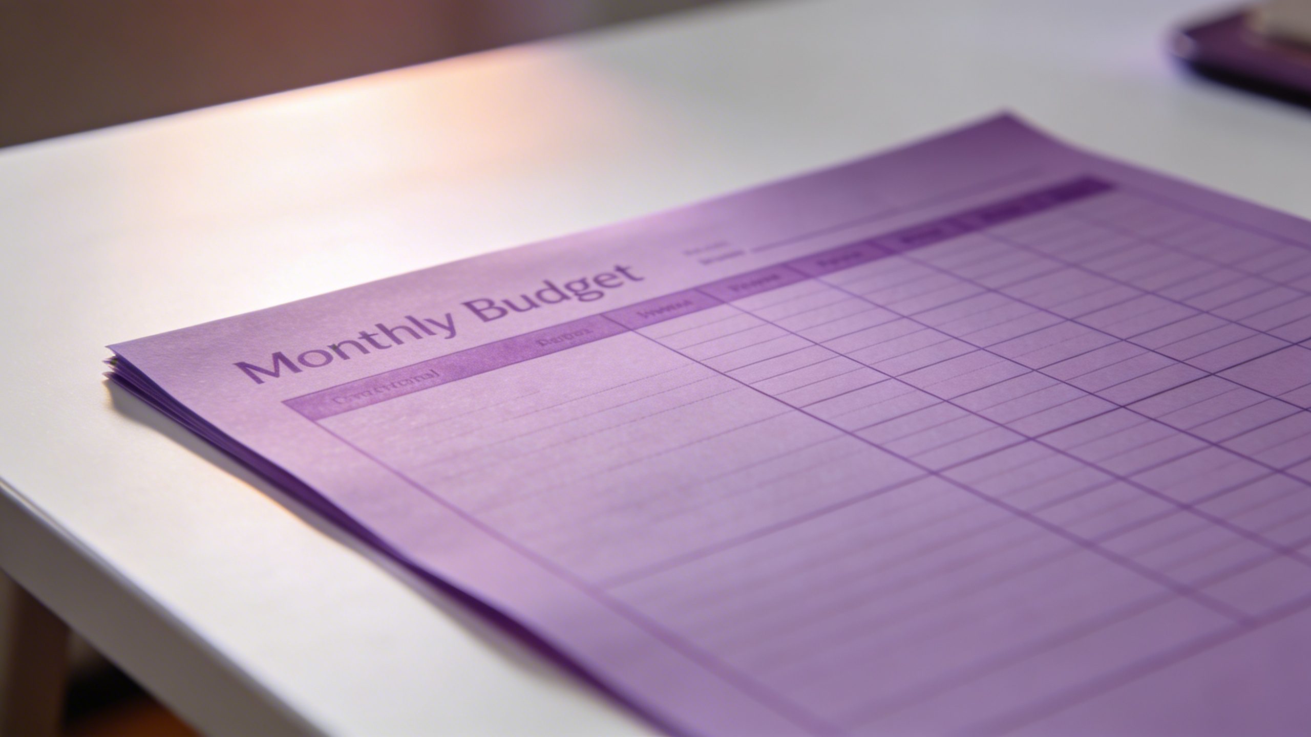 Closeup of a purple-dyed monthly budget template on a clean desk