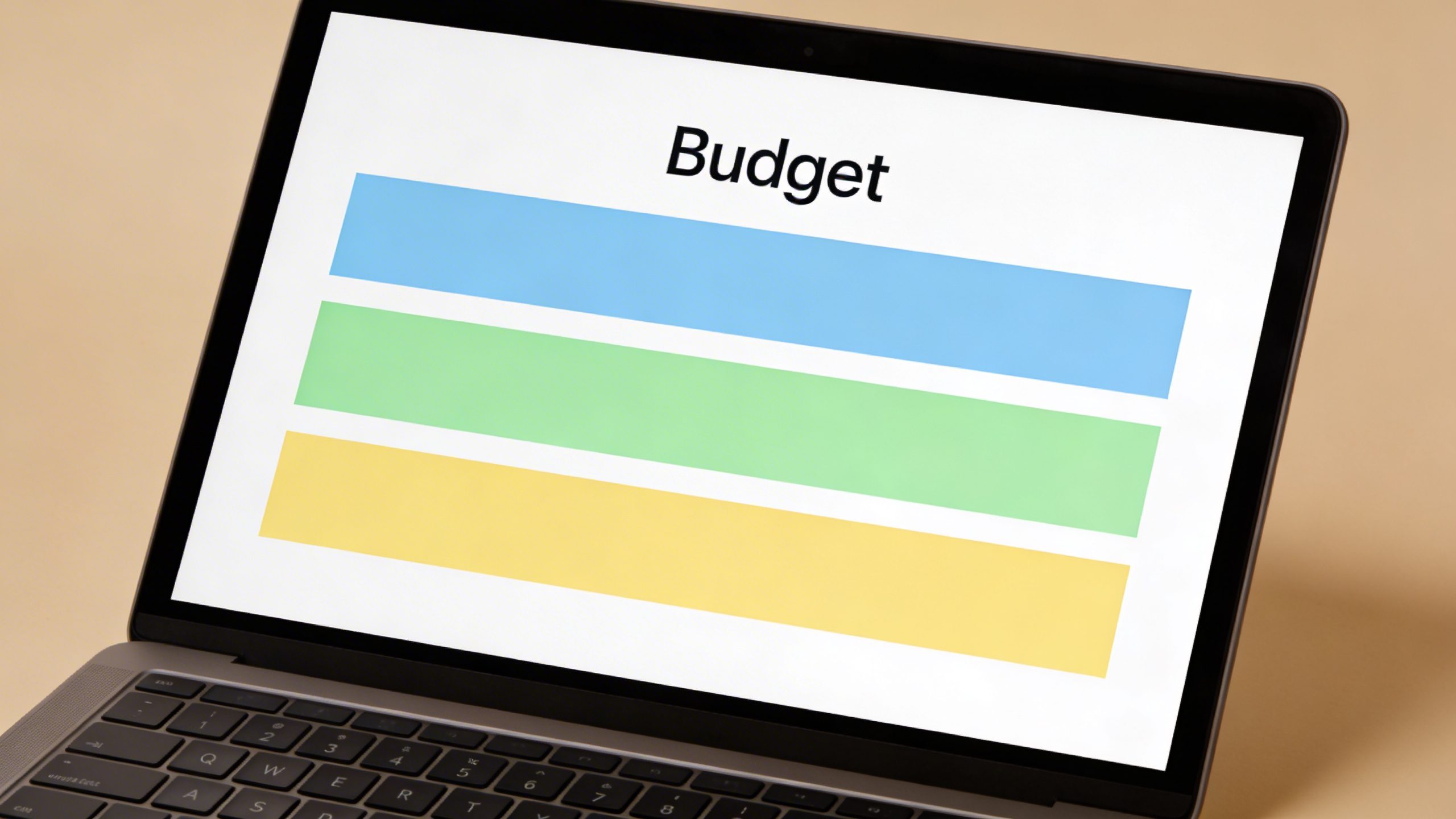 Closeup of a laptop screen showing a simple, colorful budget chart in a minimalist setup