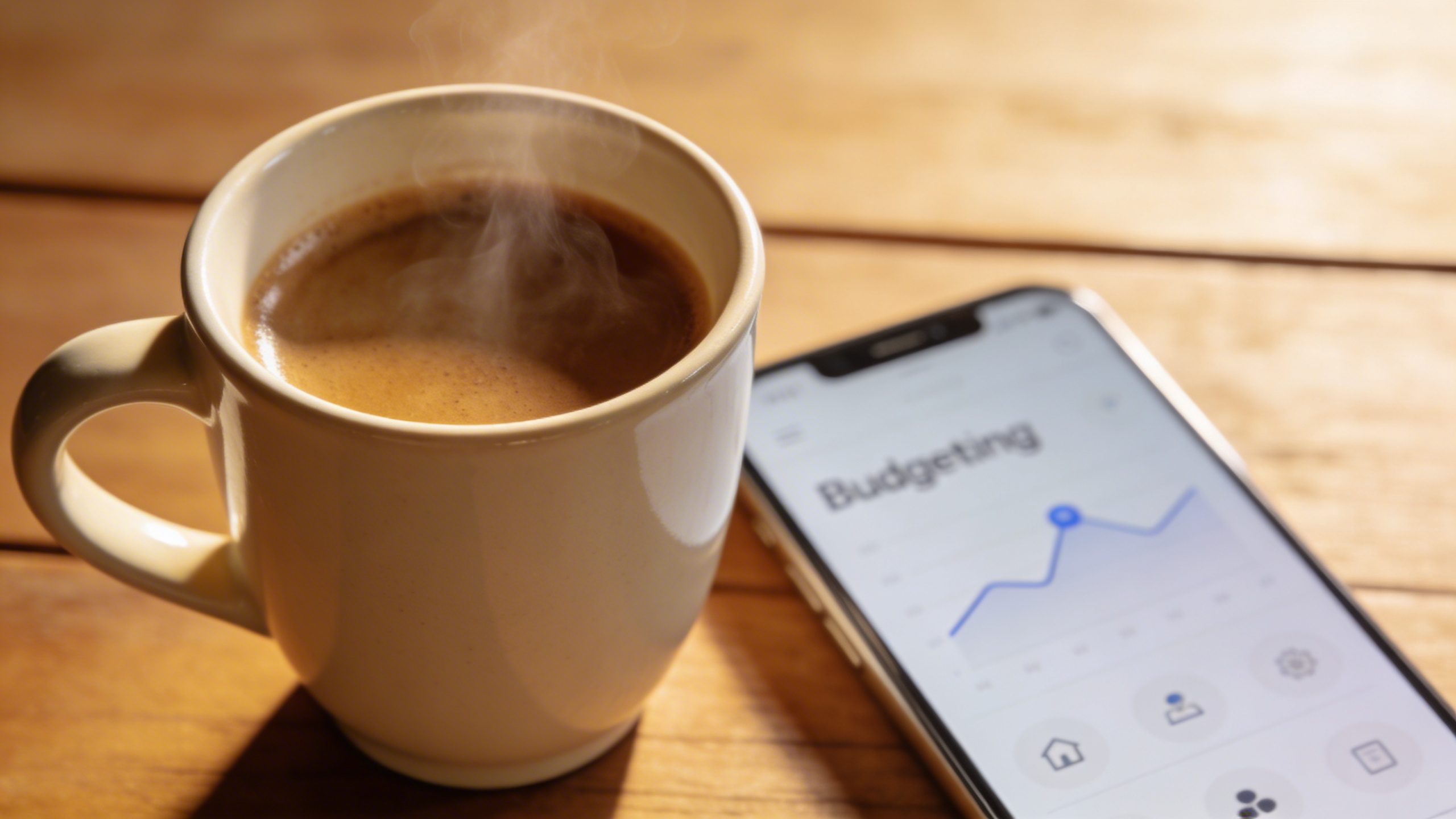 closeup of a single coffee cup with a subtle budgeting app on a phone screen