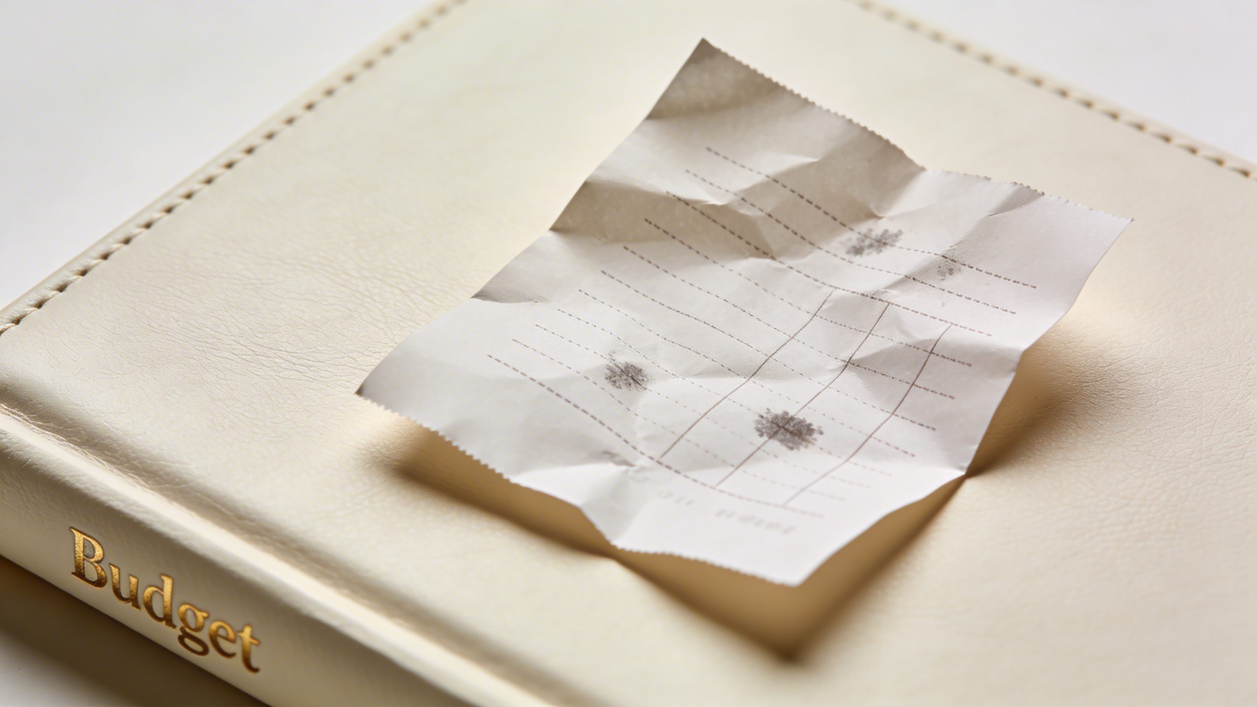 closeup of a single receipt being placed on a notebook labeled “Budget”