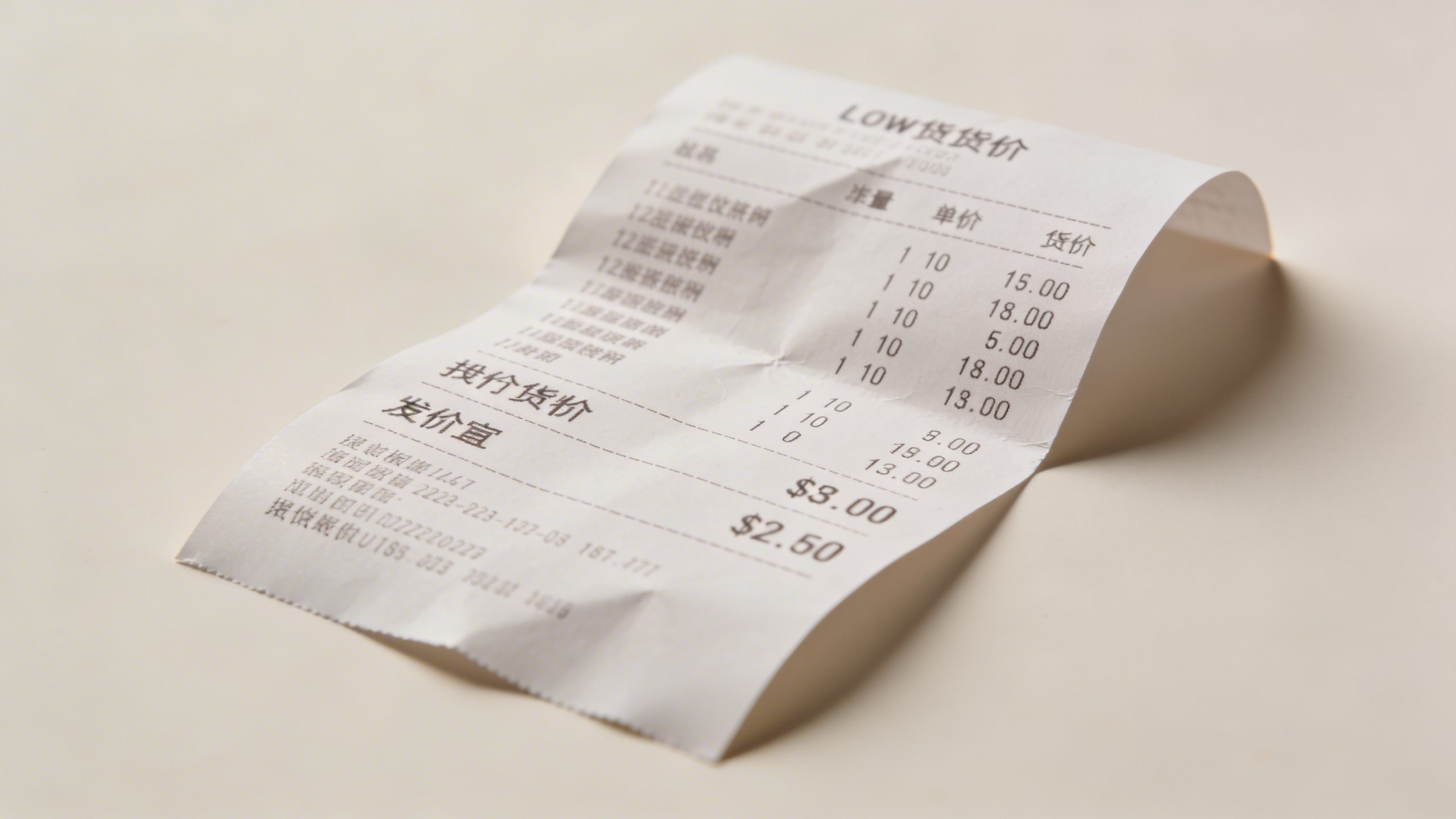 Closeup of a single low-cost grocery receipt on plain paper