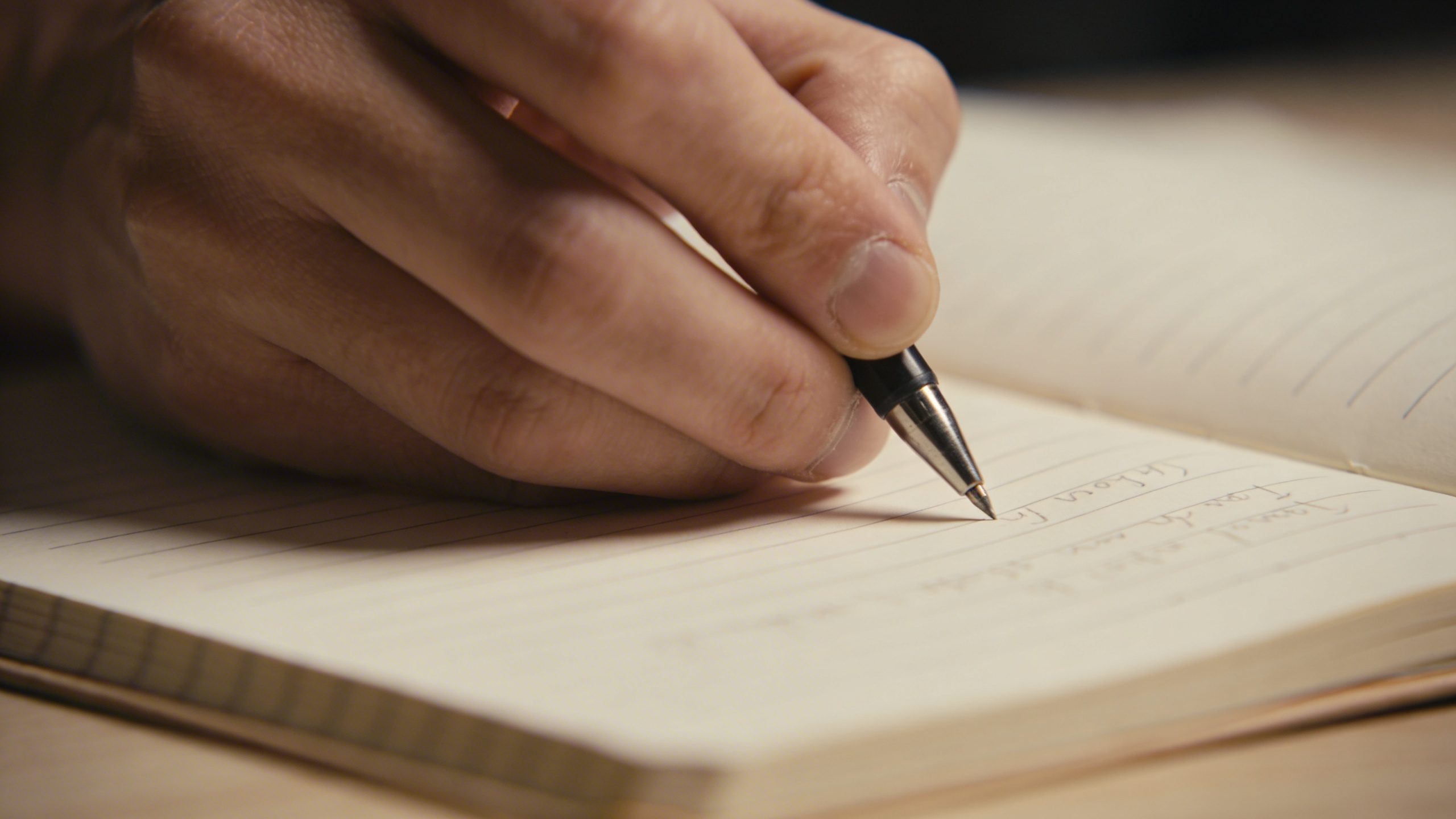 Closeup of a hand writing a travel budget on a notebook