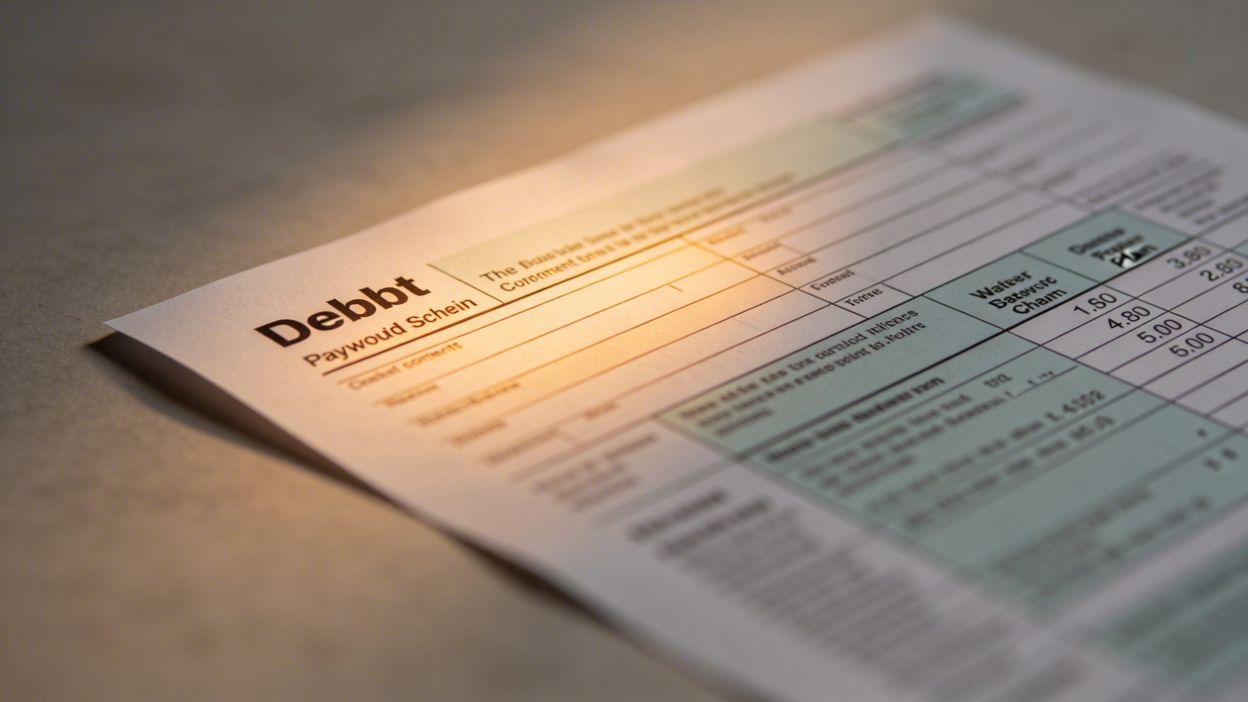 Focused shot of a lone debt statement with a highlighted payoff plan