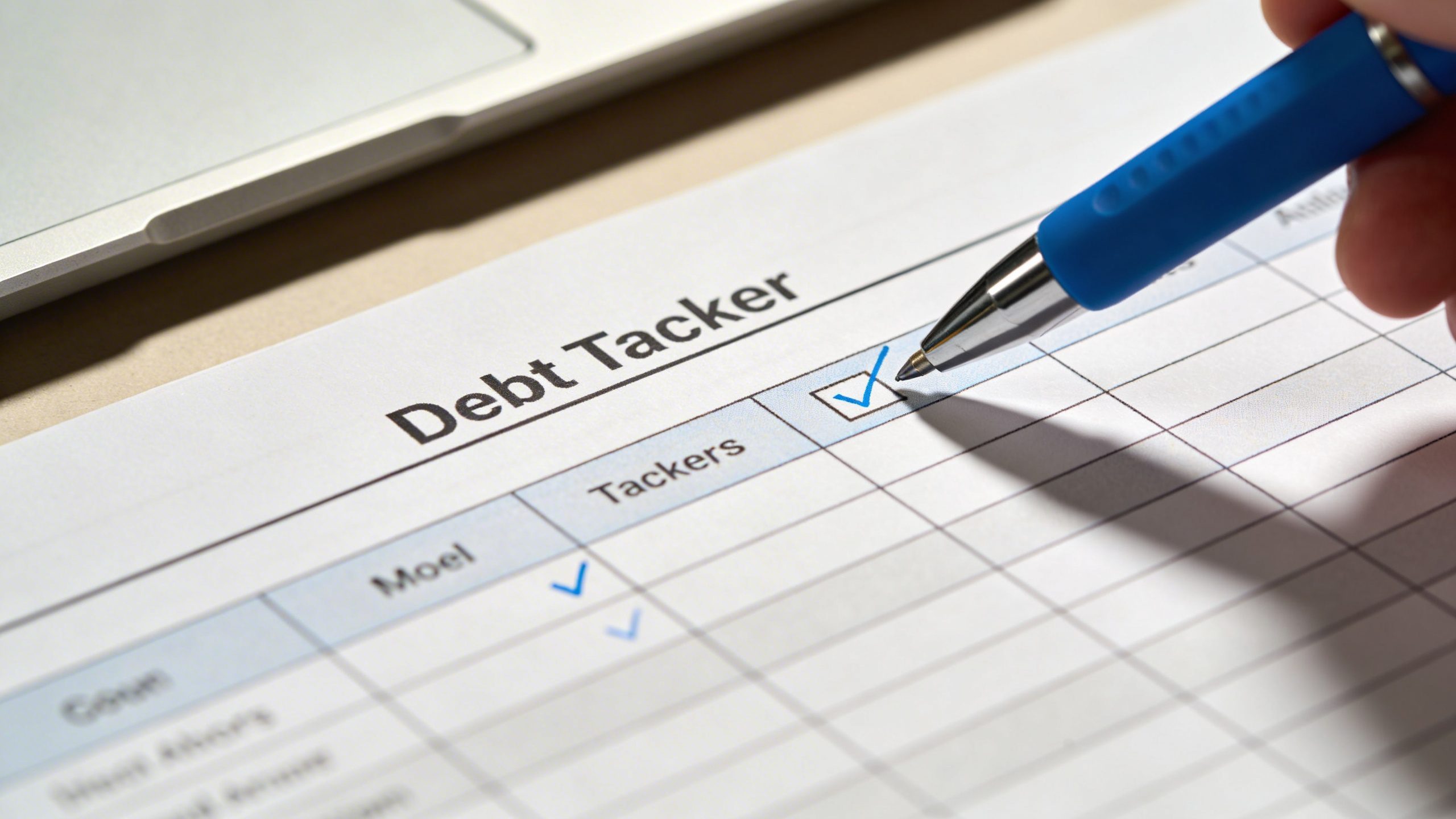Closeup of a debt tracker sheet on a clean desk with a blue pen marking a check