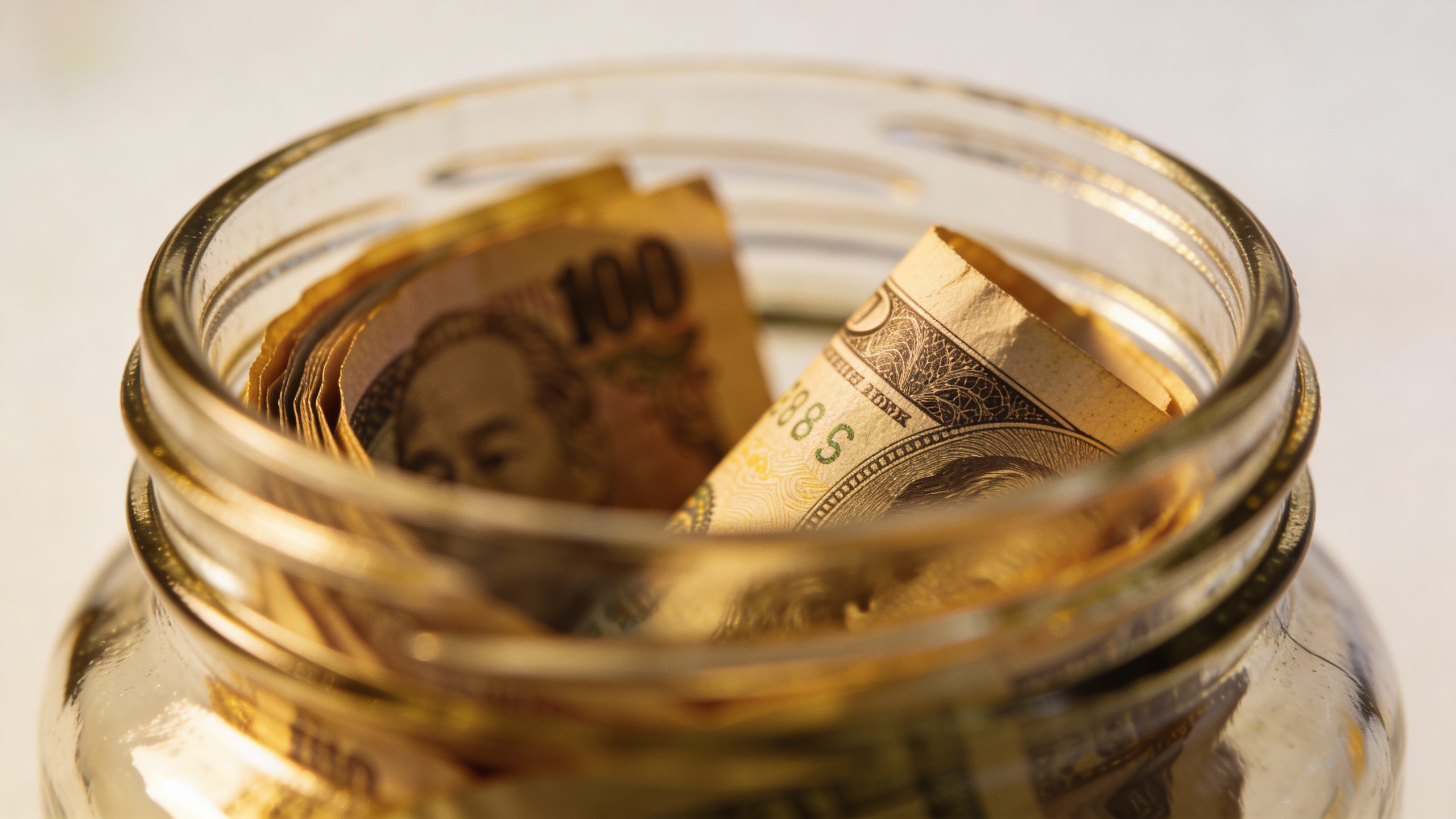 closeup of a savings jar labeled “Travel Fund” with currency notes visible