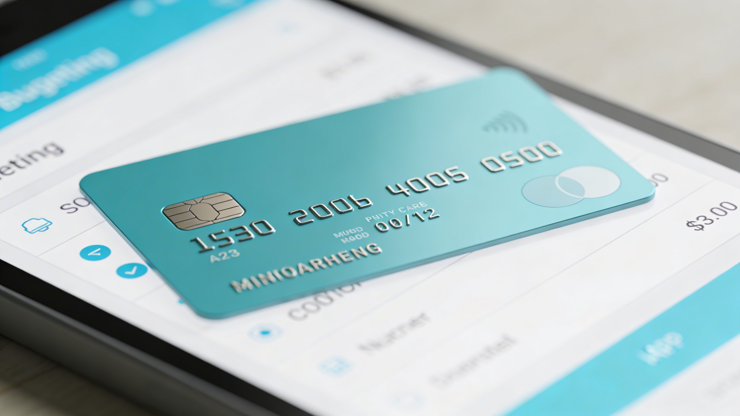 Closeup of a mint-condition credit card on a budgeting app screen