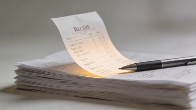 Closeup of a single receipt stack with one page highlighted and a sharp pen resting beside it